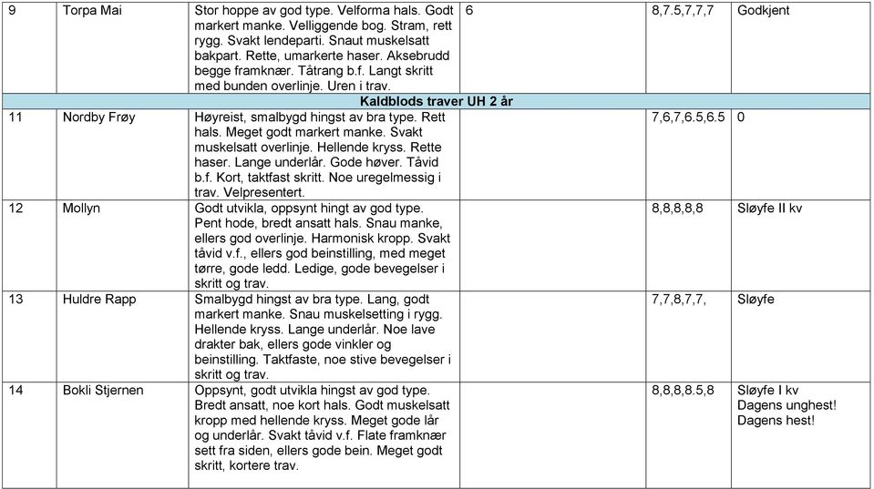 Meget godt markert manke. Svakt muskelsatt overlinje. Hellende kryss. Rette haser. Lange underlår. Gode høver. Tåvid b.f. Kort, taktfast skritt. Noe uregelmessig i trav. Velpresentert.