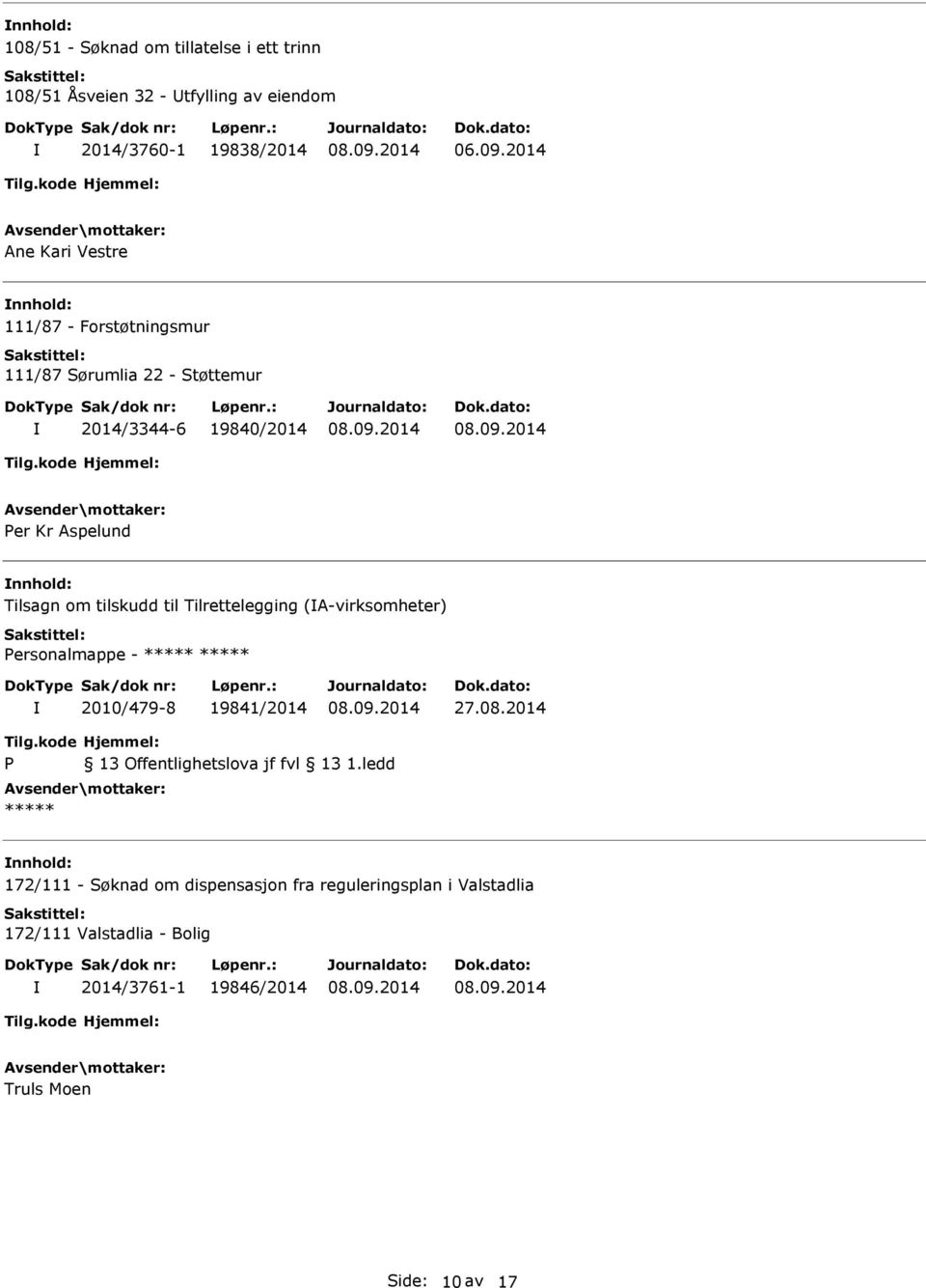 tilskudd til Tilrettelegging (A-virksomheter) Personalmappe - 2010/479-8 19841/2014 27.08.