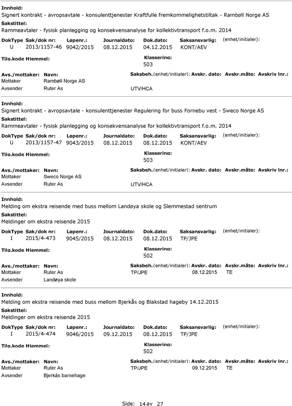 : Mottaker Rambøll Norge AS TV/HCA nnhold: Signert kontrakt - avropsavtale - konsulenttjenester Regulering for buss Fornebu vest - Sweco Norge AS Rammeavtaler - fysisk planlegging og