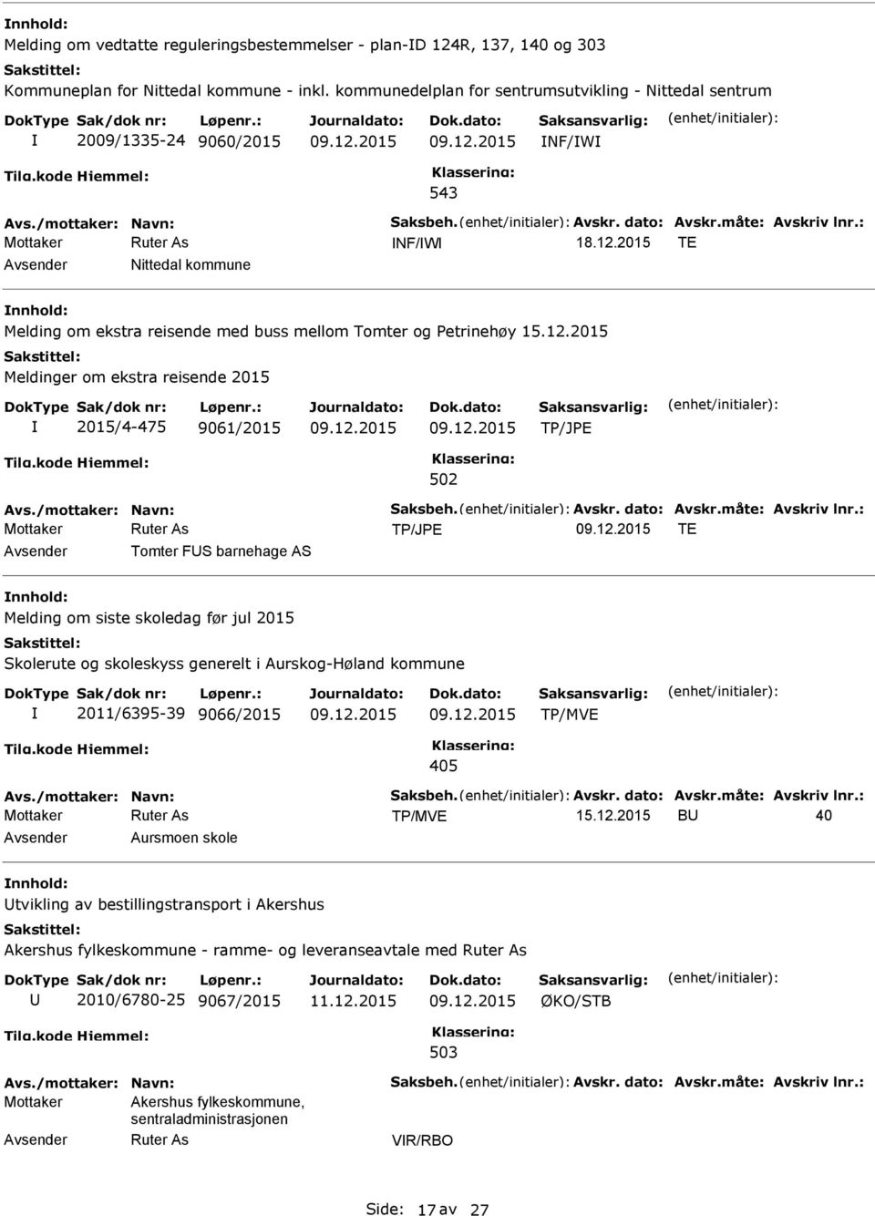 2015 TE Nittedal kommune nnhold: Melding om ekstra reisende med buss mellom Tomter og Petrinehøy 15.12.2015 Meldinger om ekstra reisende 2015 2015/4-475 9061/2015 Avs./mottaker: Navn: Saksbeh. Avskr.