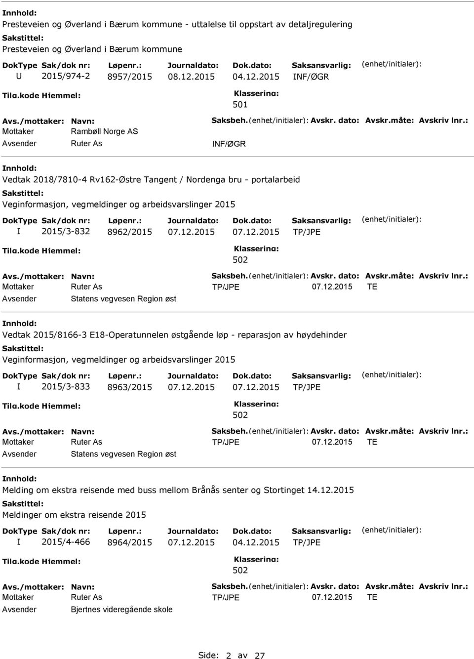 : Mottaker Rambøll Norge AS NF/ØGR nnhold: Vedtak 2018/7810-4 Rv162-Østre Tangent / Nordenga bru - portalarbeid Veginformasjon, vegmeldinger og arbeidsvarslinger 2015 2015/3-832 8962/2015 Avs.