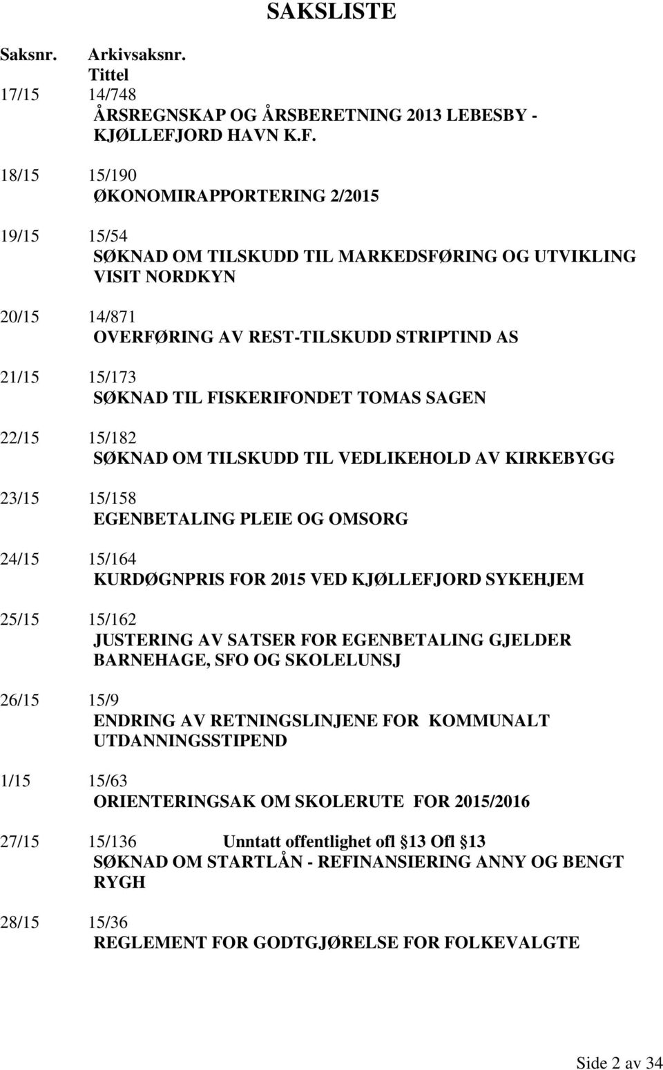 18/15 15/190 ØKONOMIRAPPORTERING 2/2015 19/15 15/54 SØKNAD OM TILSKUDD TIL MARKEDSFØRING OG UTVIKLING VISIT NORDKYN 20/15 14/871 OVERFØRING AV REST-TILSKUDD STRIPTIND AS 21/15 15/173 SØKNAD TIL