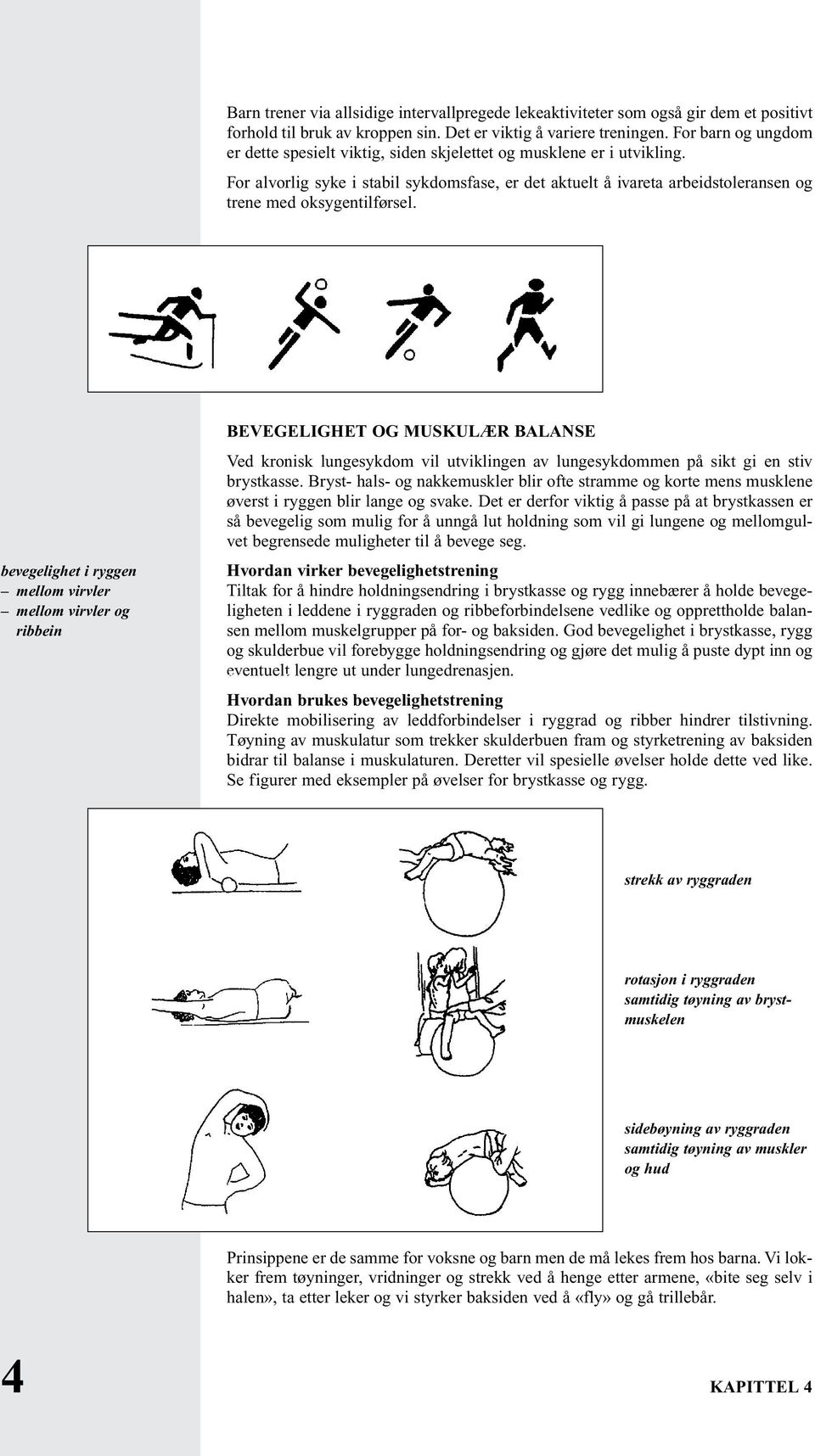 For alvorlig syke i stabil sykdomsfase, er det aktuelt å ivareta arbeidstoleransen og trene med oksygentilførsel. 20. avsnitt bevegelighet i ryggen mellom virvler mellom virvler og ribbein 21.-22.