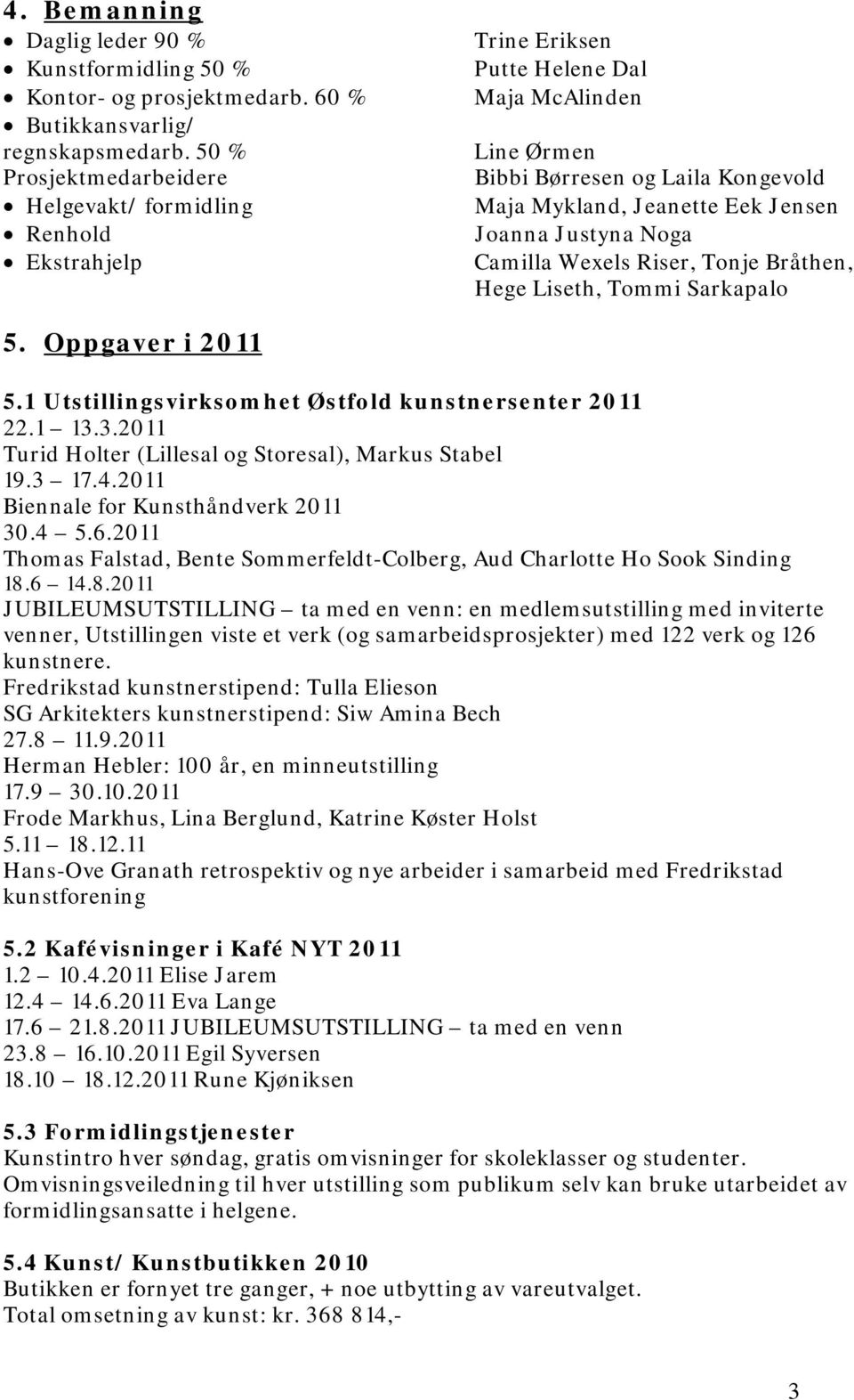 Justyna Noga Camilla Wexels Riser, Tonje Bråthen, Hege Liseth, Tommi Sarkapalo 5. Oppgaver i 2011 5.1 Utstillingsvirksomhet Østfold kunstnersenter 2011 22.1 13.