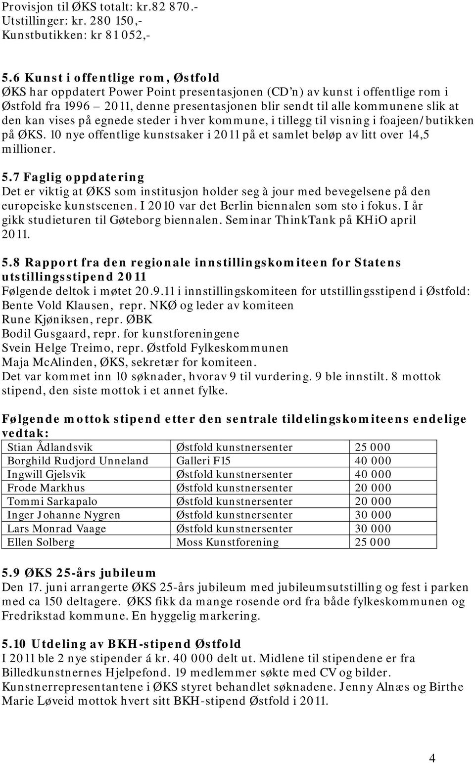 kan vises på egnede steder i hver kommune, i tillegg til visning i foajeen/butikken på ØKS. 10 nye offentlige kunstsaker i 2011 på et samlet beløp av litt over 14,5 millioner. 5.