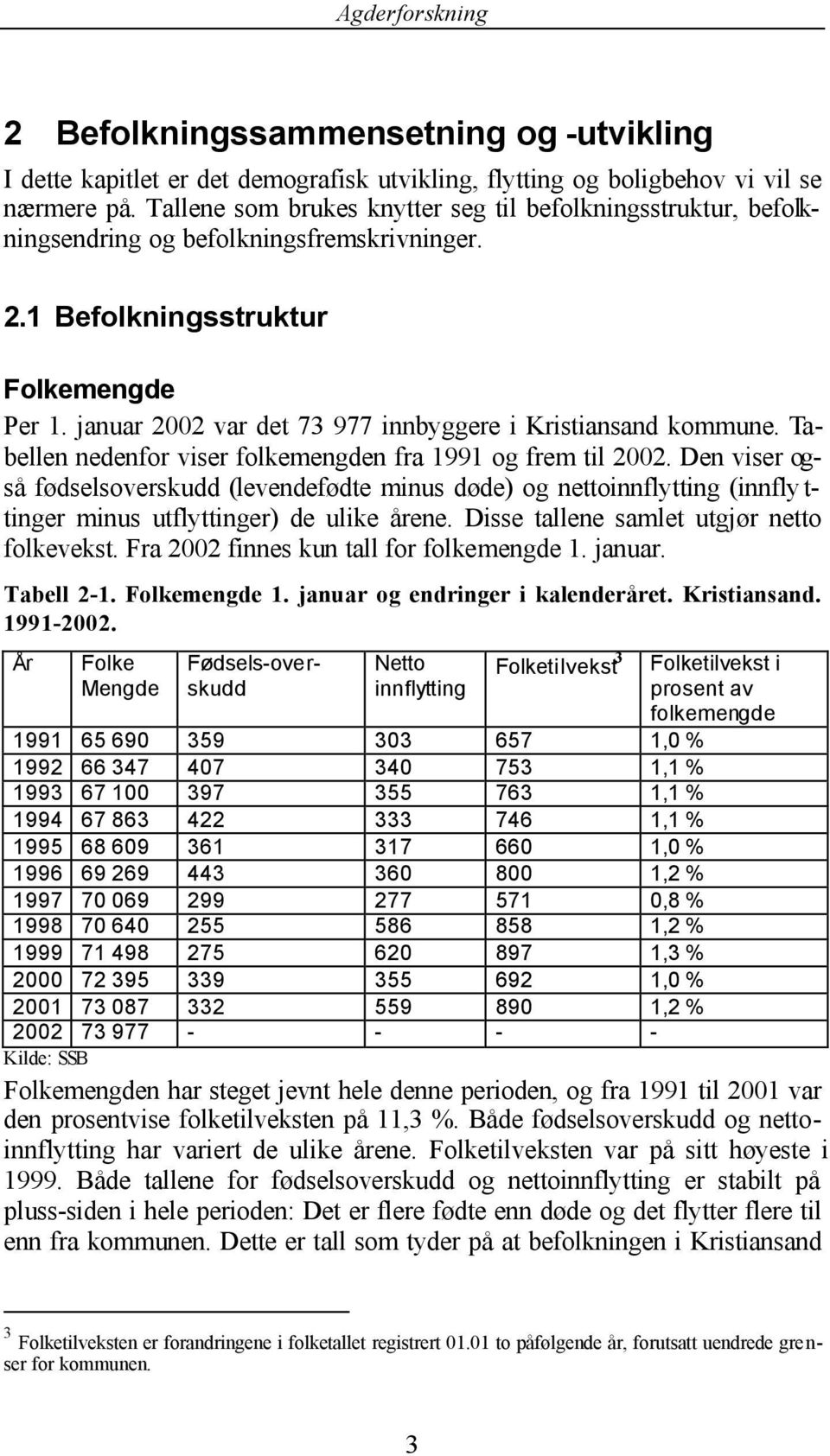 januar 2002 var det 73 977 innbyggere i Kristiansand kommune. Tabellen nedenfor viser folkemengden fra 1991 og frem til 2002.