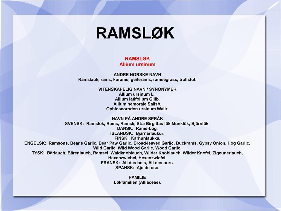 FINSK: Karhunlaukka. ENGELSK: Ramsons, Bear's Garlic, Bear Paw Garlic, Broad-leaved Garlic, Buckrams, Gypsy Onion, Hog Garlic, Wild Garlic, Wild Wood Garlic, Wood Garlic.