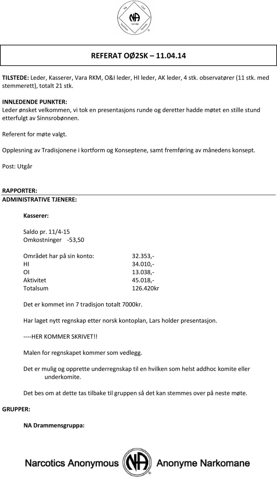 Opplesning av Tradisjonene i kortform og Konseptene, samt fremføring av månedens konsept. Post: Utgår RAPPORTER: ADMINISTRATIVE TJENERE: GRUPPER: Kasserer: Saldo pr.