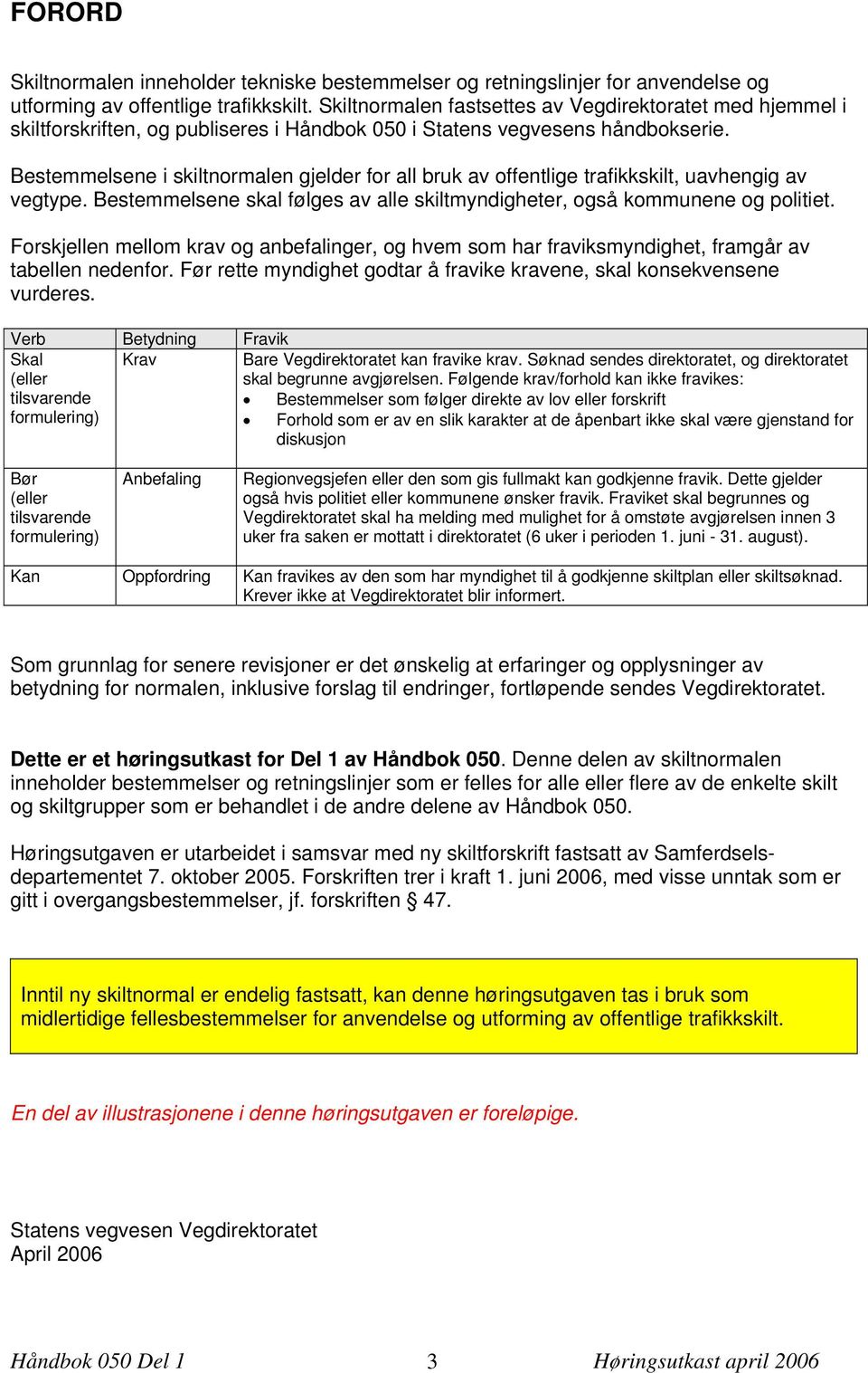 Bestemmelsene i skiltnormalen gjelder for all bruk av offentlige trafikkskilt, uavhengig av vegtype. Bestemmelsene skal følges av alle skiltmyndigheter, også kommunene og politiet.