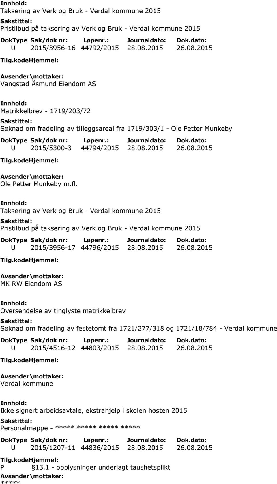 fl. Taksering av Verk og Bruk - Verdal kommune 2015 Pristilbud på taksering av Verk og Bruk - Verdal kommune 2015 U 2015/3956-17 44796/2015 28.08.
