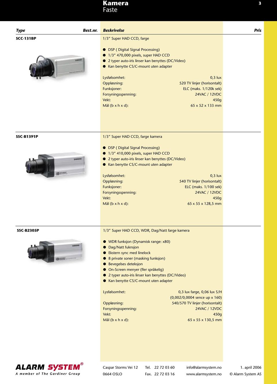 1/120k sek) 24VAC / 12VDC 450g 65 x 52 x 133 mm SSC-B1391P 1/3 Super HAD CCD, farge kamera DSP ( Digital Signal Processing) 1/3 410,000 pixels, super HAD CCD 2 typer auto-iris linser kan benyttes