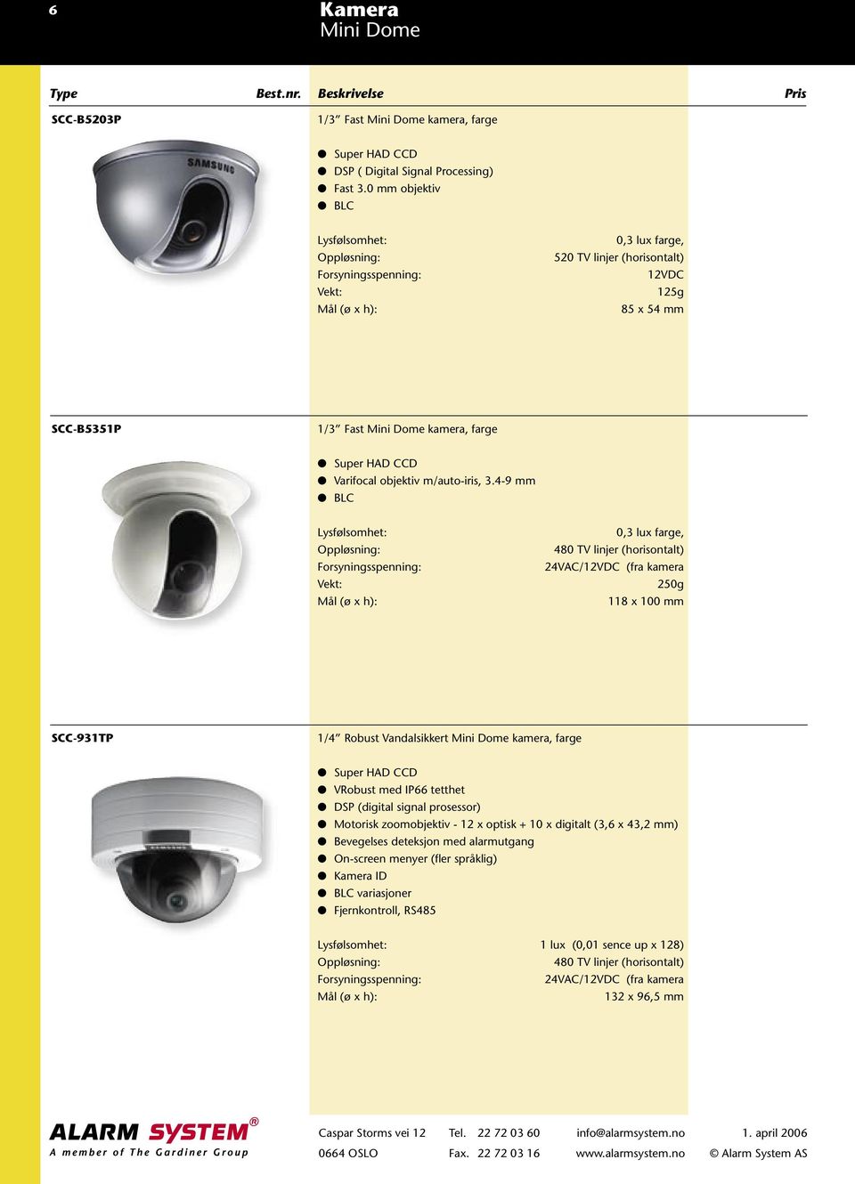 4-9 mm BLC Mål (ø x h): 0,3 lux farge, 480 TV linjer (horisontalt) 24VAC/12VDC (fra kamera 250g 118 x 100 mm SCC-931TP 1/4 Robust Vandalsikkert Mini Dome kamera, farge Super HAD CCD VRobust med IP66