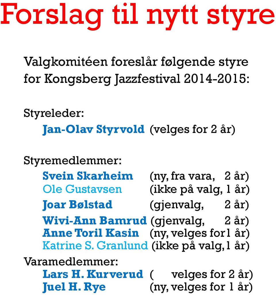 valg, 1 år) Joar Bølstad (gjenvalg, 2 år) Wivi-Ann Bamrud (gjenvalg, 2 år) Anne Toril Kasin (ny, velges for1 år)