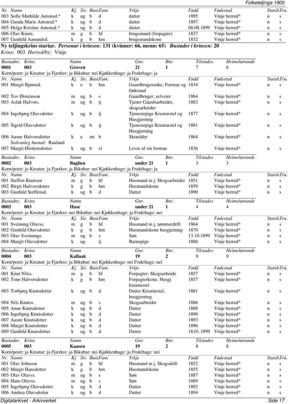 Personar i krinsen: 131 (kvinner: 66, menn: 65) Bustader i krinsen: 20 Krins: 003 Herred/by: Vinje 0001 003 Groven 21 1 7 6 Korn/potet: ja Kreatur: ja Fjærkre: ja Bikubar: nei Kjøkkenhage: ja