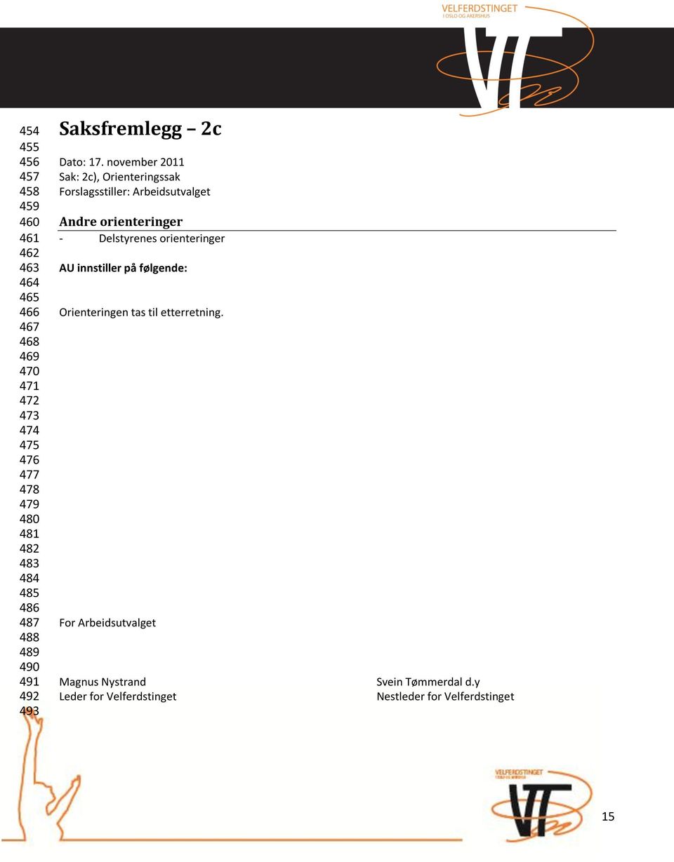 november 2011 Sak: 2c), Orienteringssak Forslagsstiller: Arbeidsutvalget Andre orienteringer - Delstyrenes orienteringer