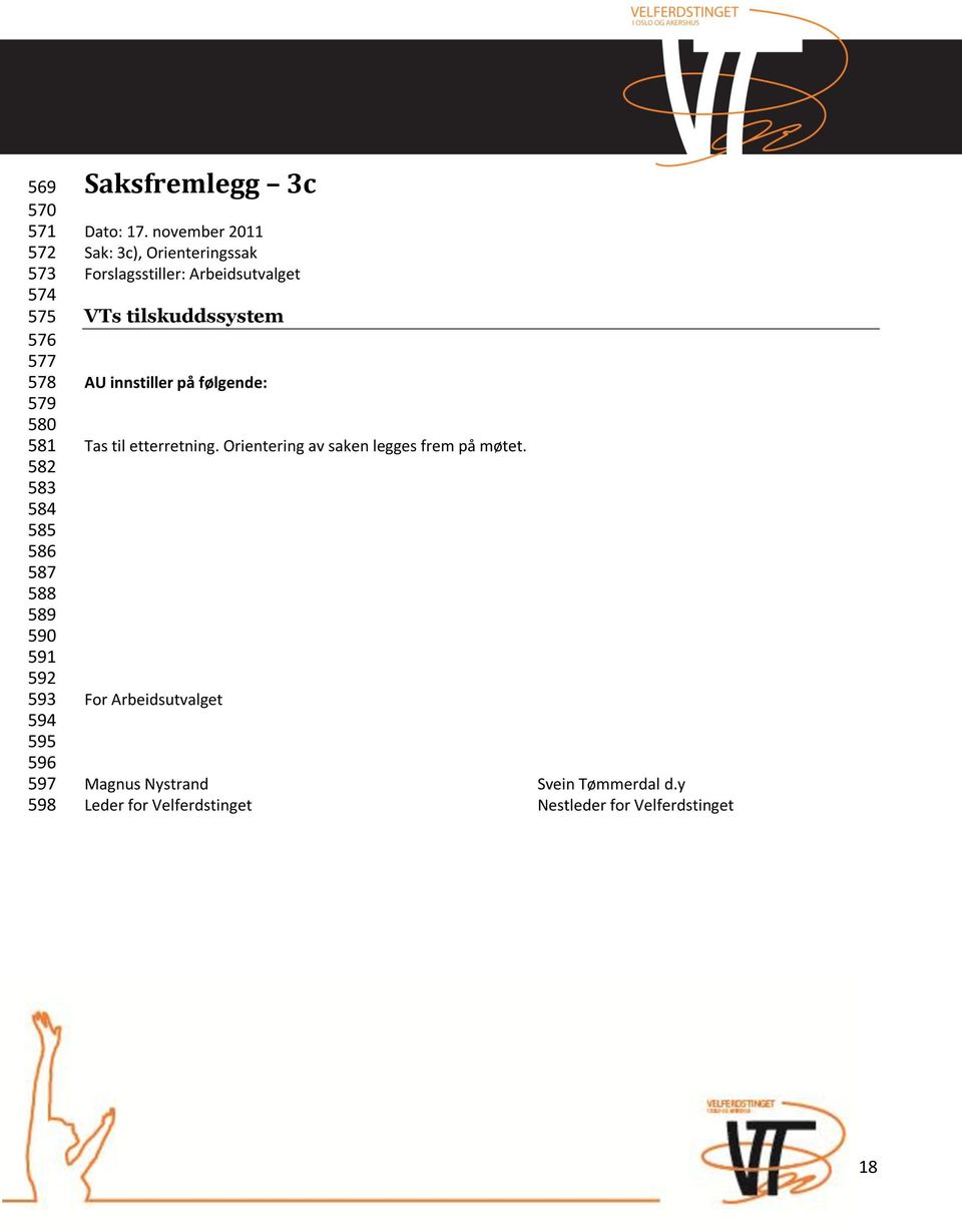 november 2011 Sak: 3c), Orienteringssak Forslagsstiller: Arbeidsutvalget VTs tilskuddssystem AU innstiller på