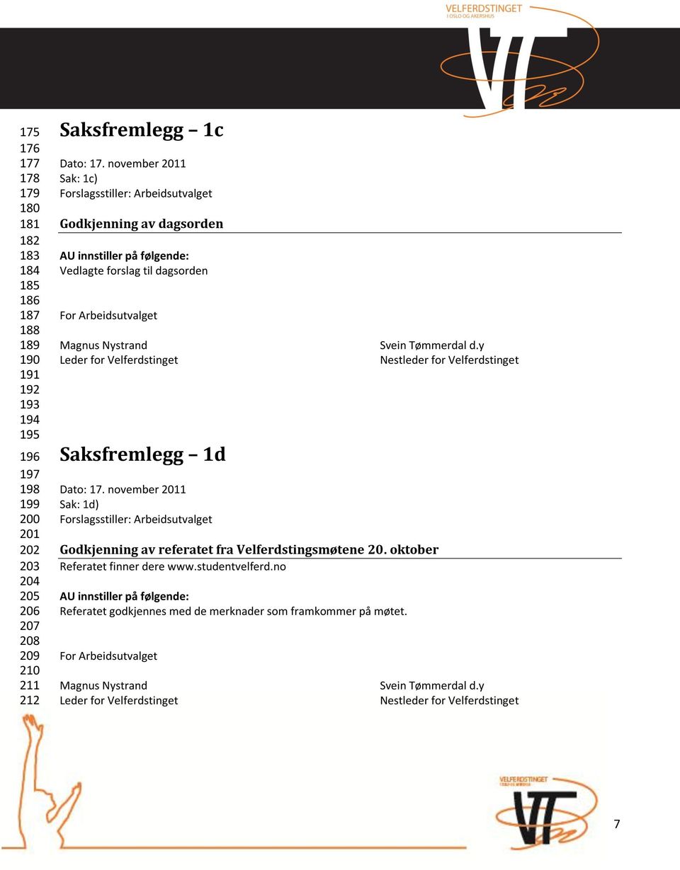 y Leder for Velferdstinget Nestleder for Velferdstinget Saksfremlegg 1d Dato: 17. november 2011 Sak: 1d) Forslagsstiller: Arbeidsutvalget Godkjenning av referatet fra Velferdstingsmøtene 20.