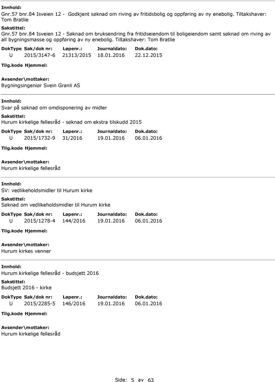 2015 Bygningsingeniør Svein Granli AS Svar på søknad om omdisponering av midler Hurum kirkelige fellesråd - søknad om ekstra tilskudd 2015 2015/1732-9 31/2016 06.01.2016 Hurum kirkelige fellesråd SV: vedlikeholdsmidler til Hurum kirke Søknad om vedlikeholdsmidler til Hurum kirke 2015/1278-4 144/2016 06.