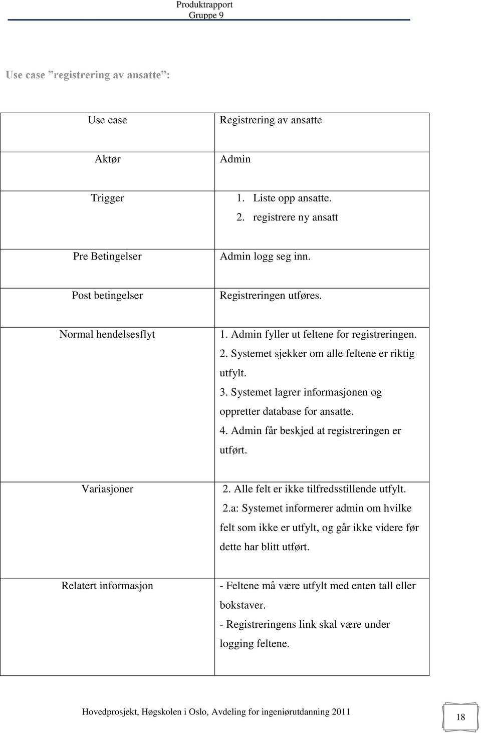 Systemet lagrer informasjonen og oppretter database for ansatte. 4. Admin får beskjed at registreringen er utført. Variasjoner 2.