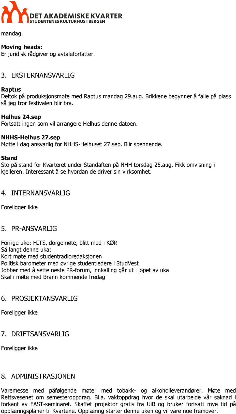 sep. Blir spennende. Stand Sto på stand for Kvarteret under Standaften på NHH torsdag 25.aug. Fikk omvisning i kjelleren. Interessant å se hvordan de driver sin virksomhet. 4.