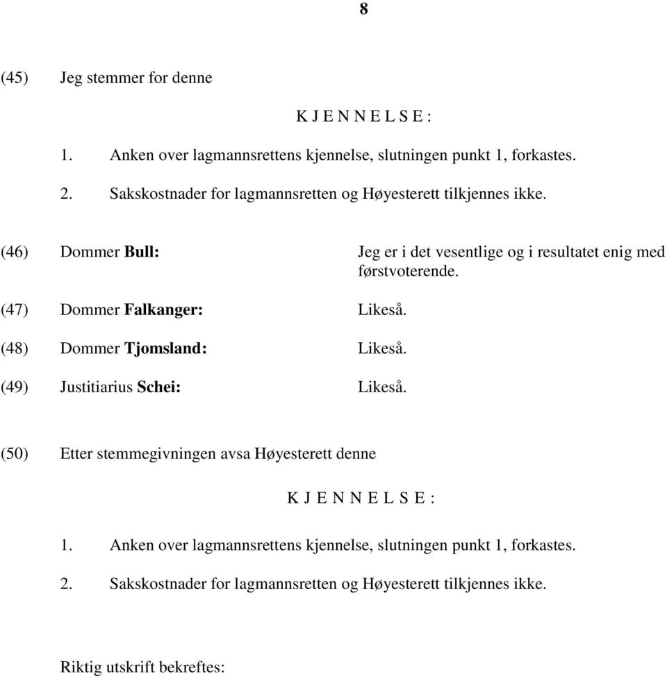(47) Dommer Falkanger: Likeså. (48) Dommer Tjomsland: Likeså. (49) Justitiarius Schei: Likeså.