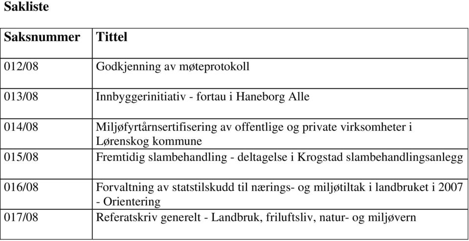 slambehandling - deltagelse i Krogstad slambehandlingsanlegg 016/08 Forvaltning av statstilskudd til nærings- og