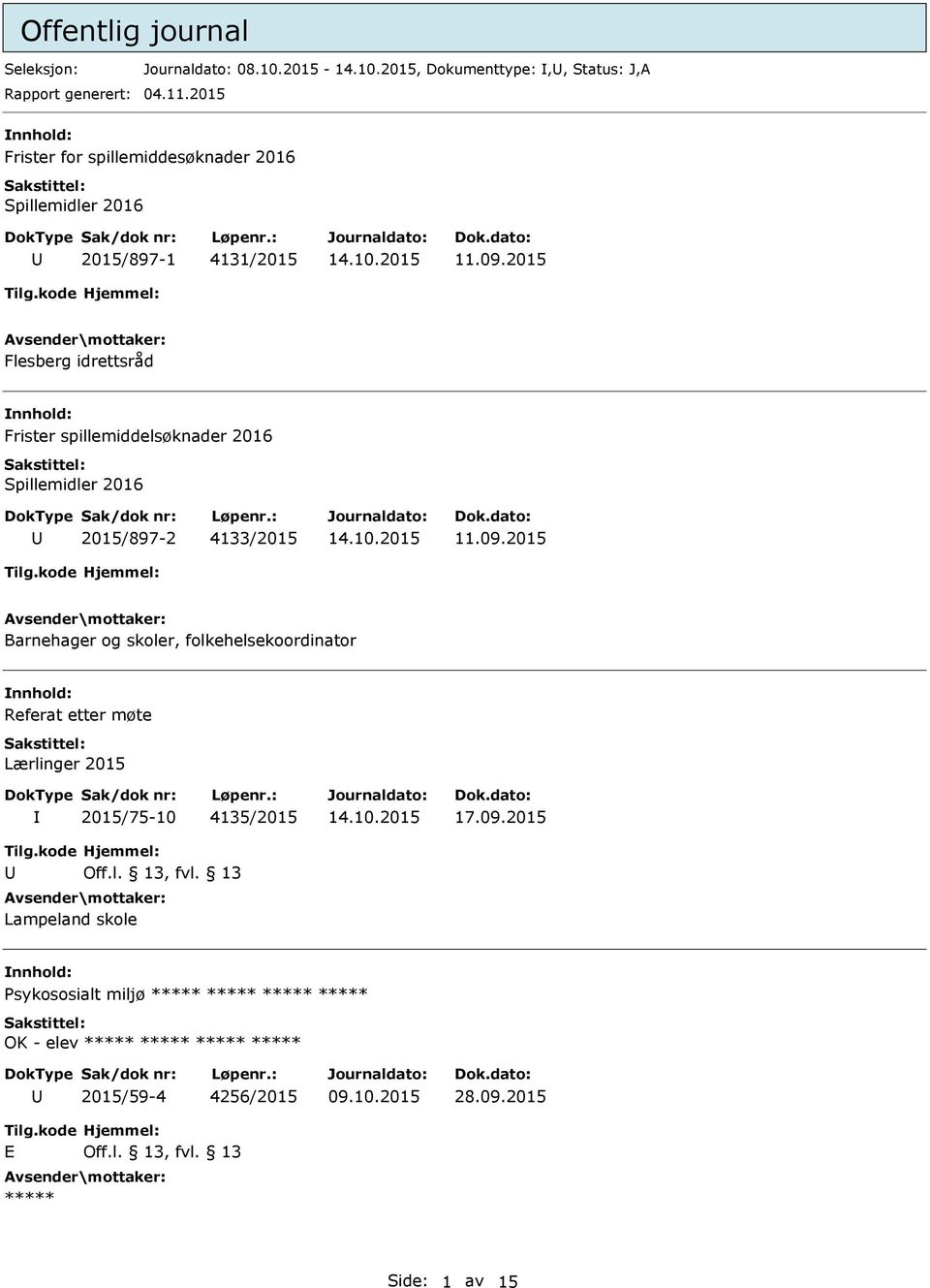 2015 Flesberg idrettsråd Frister spillemiddelsøknader 2016 Spillemidler 2016 2015/897-2 4133/2015 11.09.