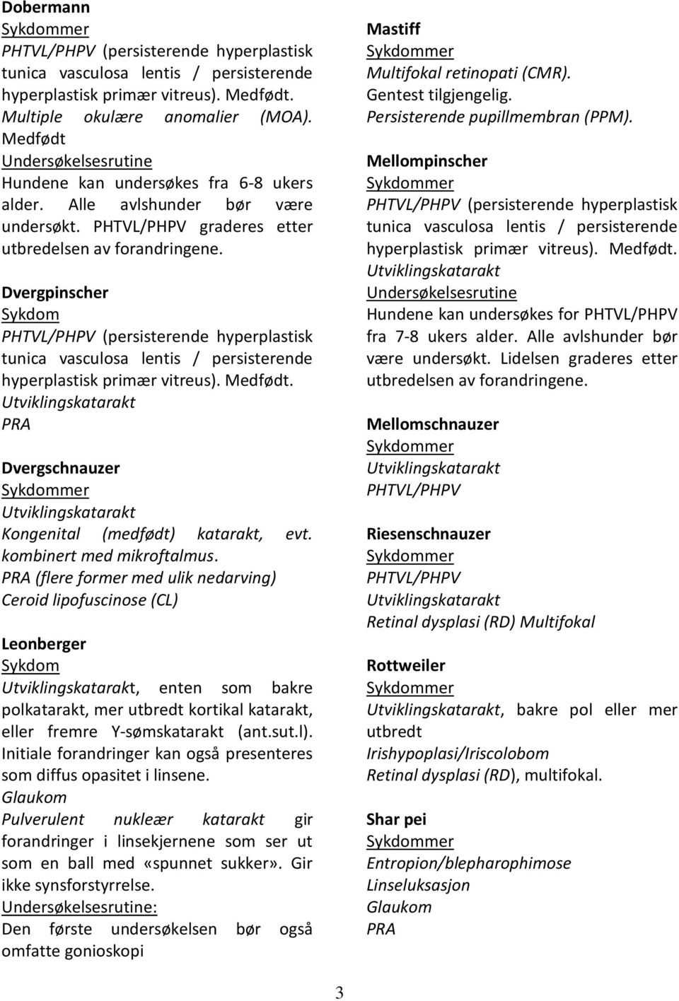 Dvergpinscher PHTVL/PHPV (persisterende hyperplastisk tunica vasculosa lentis / persisterende hyperplastisk primær vitreus). Medfødt. Dvergschnauzer Kongenital (medfødt) katarakt, evt.