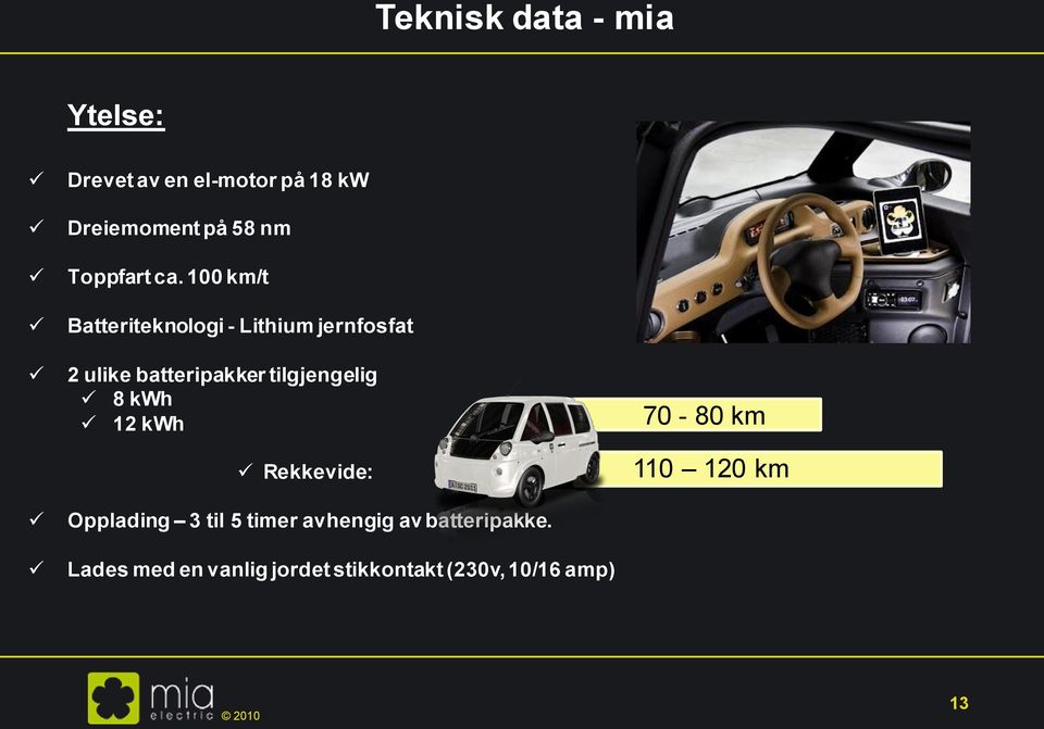 100 km/t Batteriteknologi - Lithium jernfosfat 2 ulike batteripakker tilgjengelig