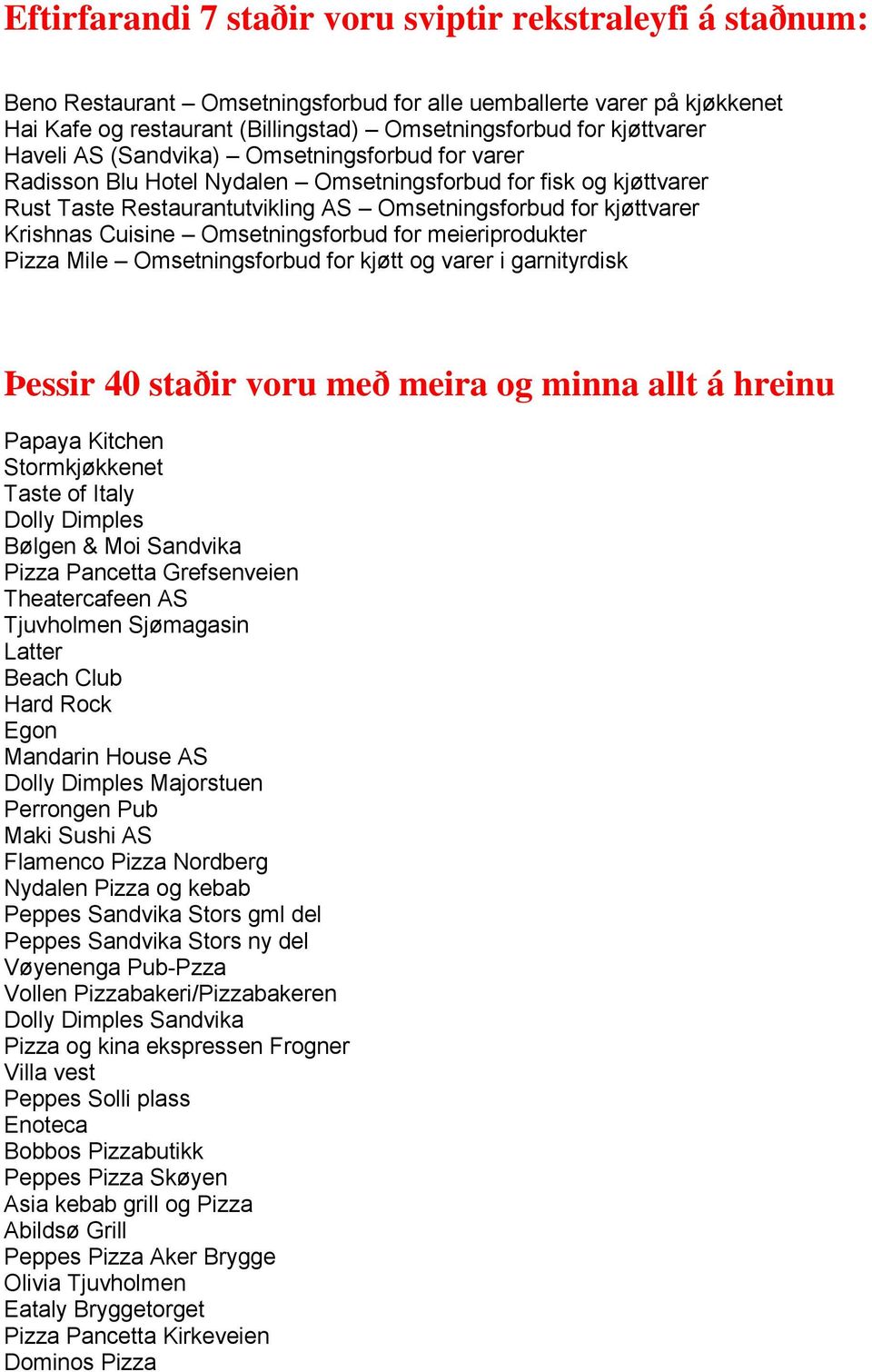 Krishnas Cuisine Omsetningsforbud for meieriprodukter Pizza Mile Omsetningsforbud for kjøtt og varer i garnityrdisk Þessir 40 staðir voru með meira og minna allt á hreinu Papaya Kitchen