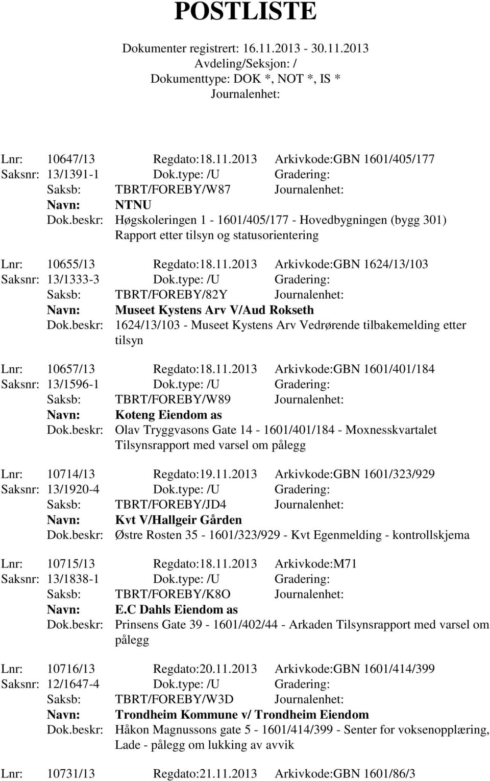 type: /U Gradering: Saksb: TBRT/FOREBY/82Y Museet Kystens Arv V/Aud Rokseth Dok.beskr: 1624/13/103 - Museet Kystens Arv Vedrørende tilbakemelding etter tilsyn Lnr: 10657/13 Regdato:18.11.