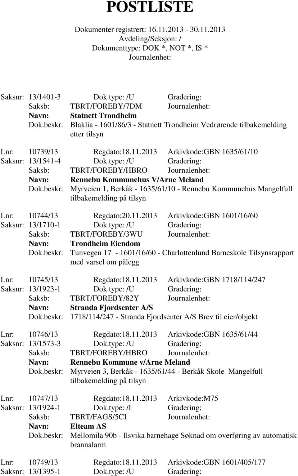 beskr: Myrveien 1, Berkåk - 1635/61/10 - Rennebu Kommunehus Mangelfull tilbakemelding på tilsyn Lnr: 10744/13 Regdato:20.11.2013 Arkivkode:GBN 1601/16/60 Saksnr: 13/1710-1 Dok.