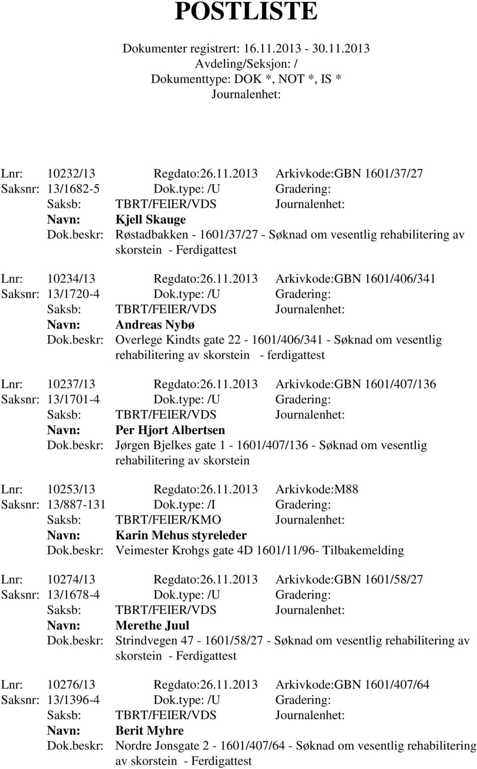 type: /U Gradering: Saksb: TBRT/FEIER/VDS Andreas Nybø Dok.beskr: Overlege Kindts gate 22-1601/406/341 - Søknad om vesentlig rehabilitering av skorstein - ferdigattest Lnr: 10237/13 Regdato:26.11.