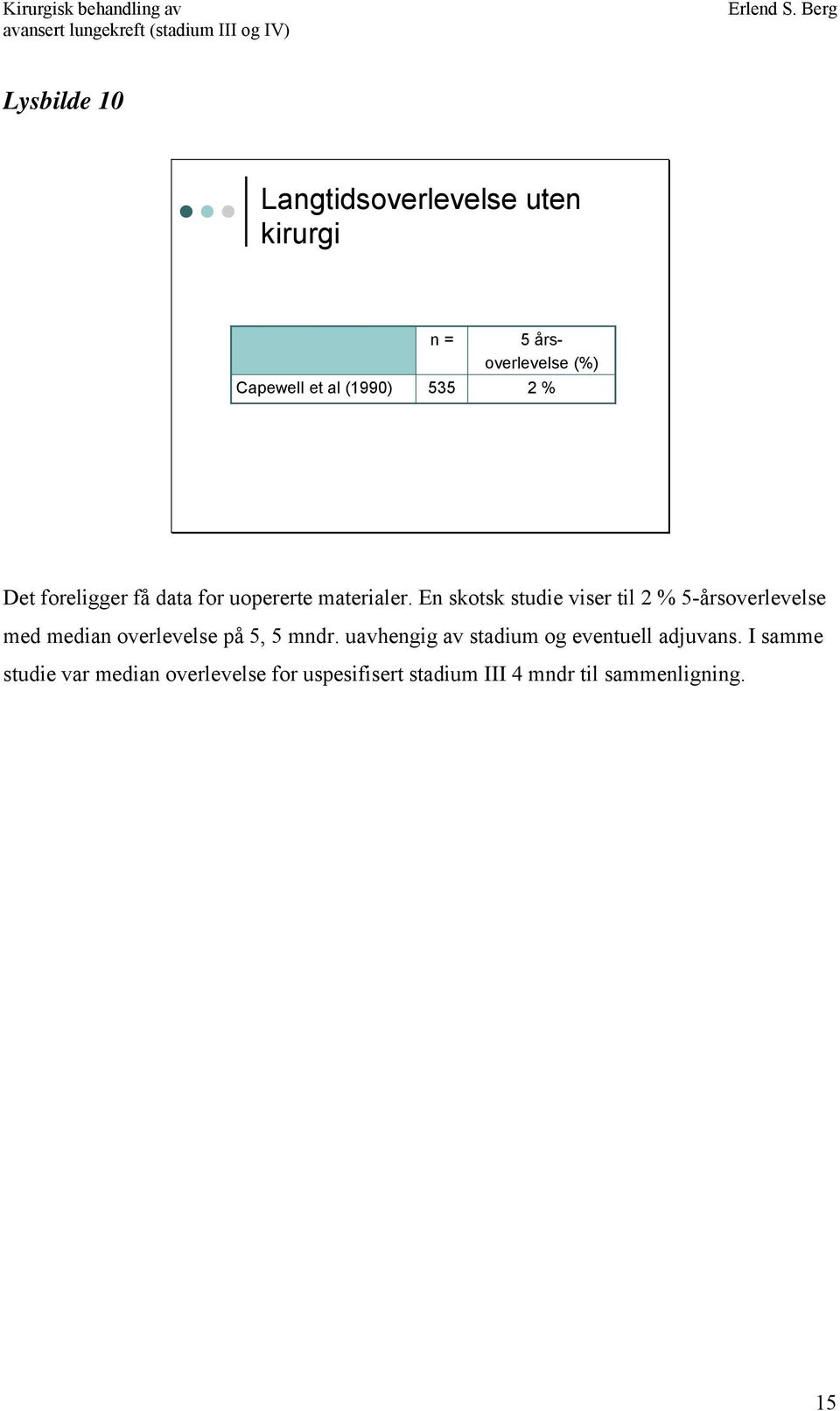 En skotsk studie viser til 2 % 5-årsoverlevelse med median overlevelse på 5, 5 mndr.