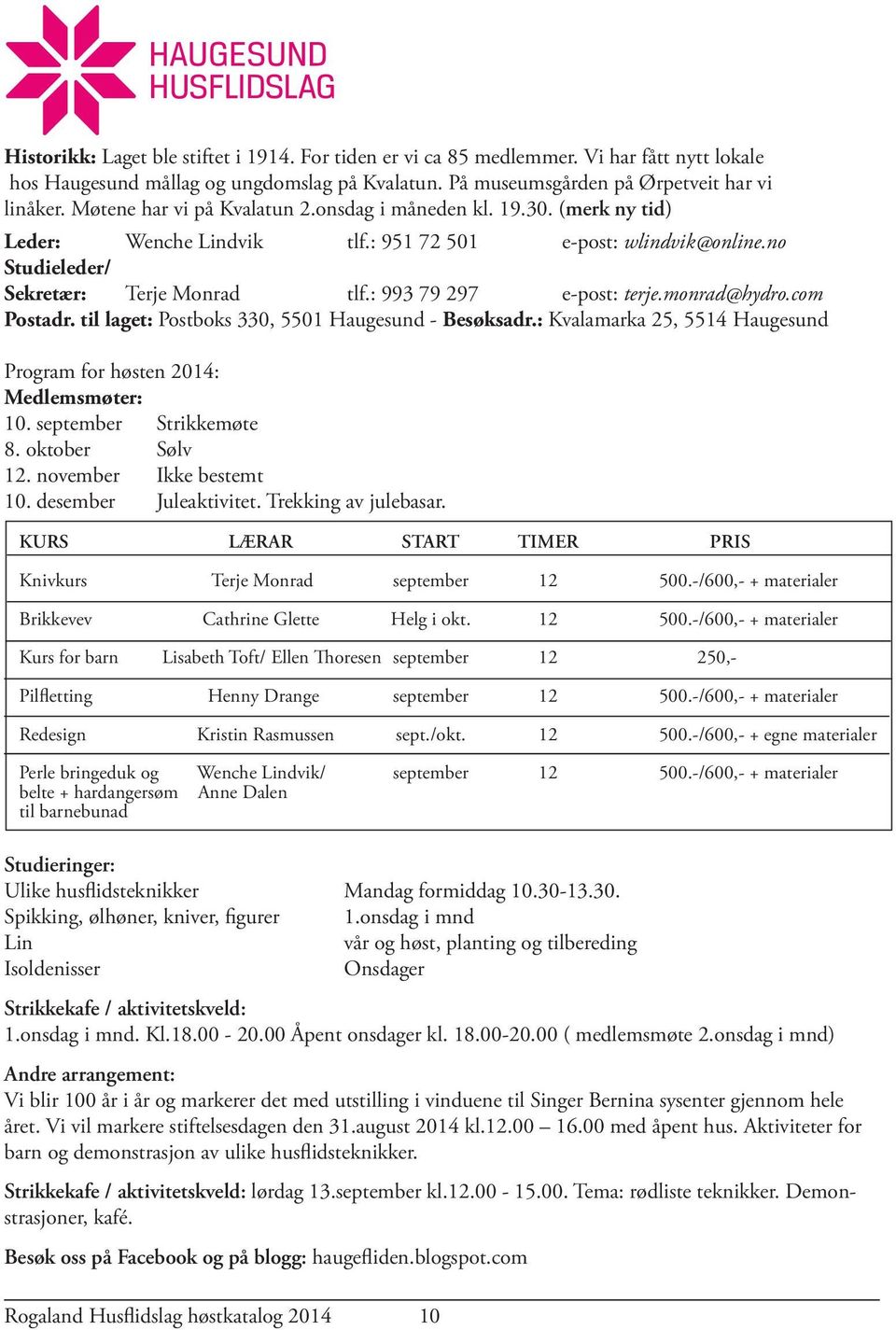 : 993 79 297 e-post: terje.monrad@hydro.com Postadr. til laget: Postboks 330, 5501 Haugesund - Besøksadr.: Kvalamarka 25, 5514 Haugesund Program for høsten 2014: Medlemsmøter: 10.