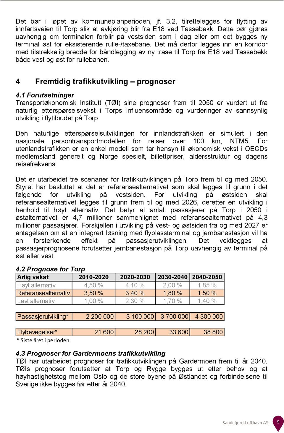 Det må derfor legges inn en korridor med tilstrekkelig bredde for båndlegging av ny trase til Torp fra E18 ved Tassebekk både vest og øst for rullebanen. 4 Fremtidig trafikkutvikling prognoser 4.