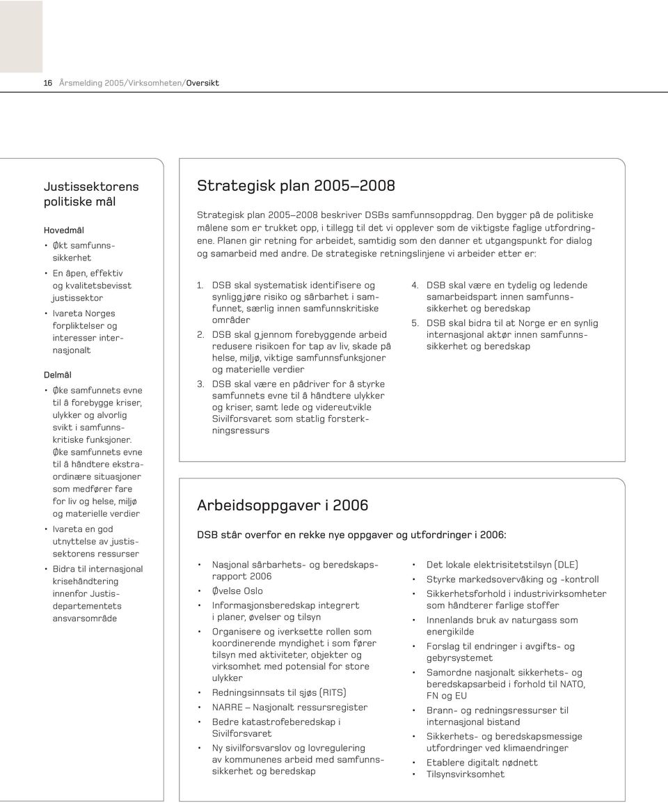 Øke samfunnets evne til å håndtere ekstraordinære situasjoner som medfører fare for liv og helse, miljø og materielle verdier Ivareta en god utnyttelse av justissektorens ressurser Bidra til