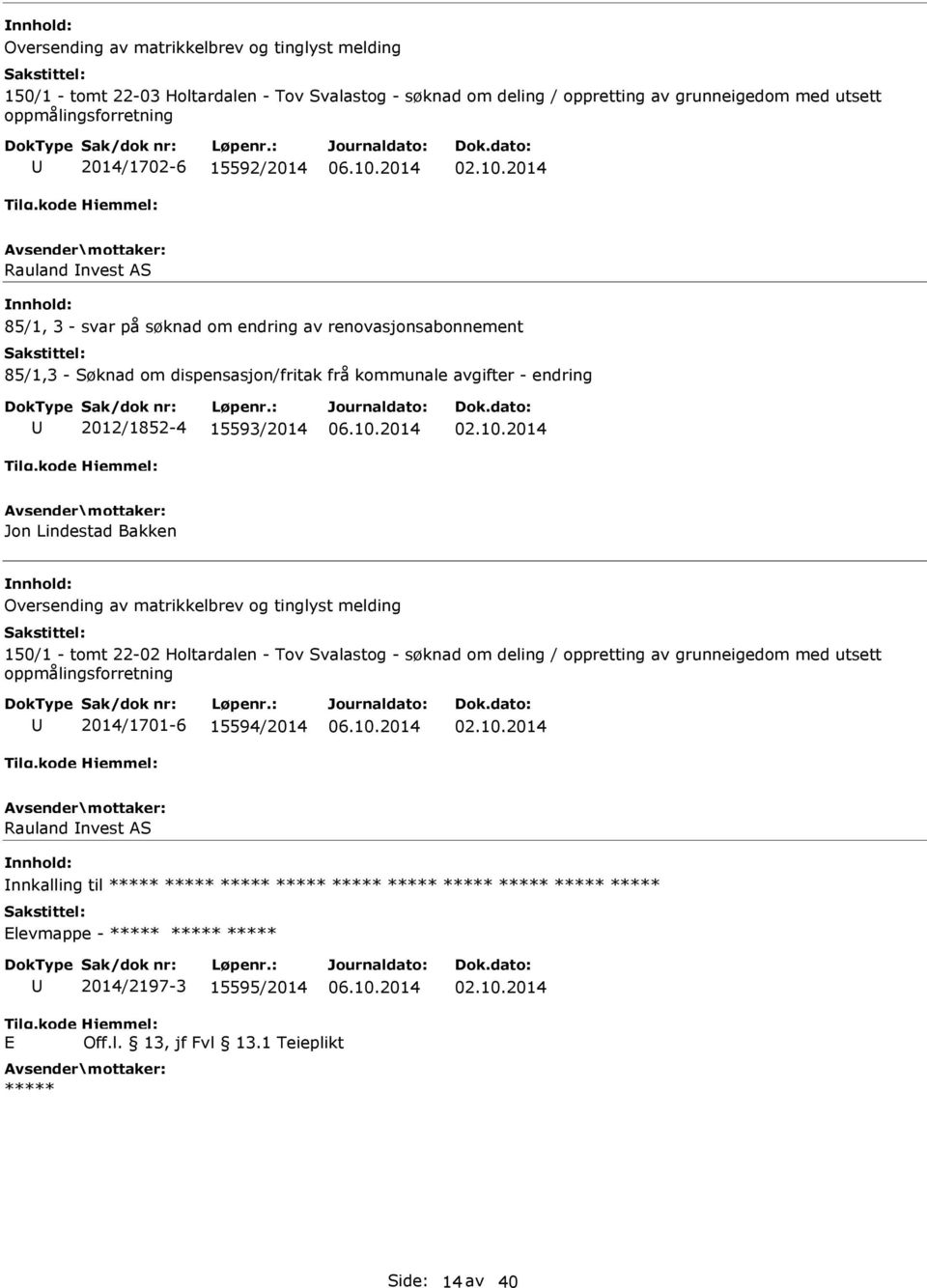 2012/1852-4 15593/2014 Jon Lindestad Bakken Oversending av matrikkelbrev og tinglyst melding 150/1 - tomt 22-02 Holtardalen - Tov Svalastog - søknad om deling / oppretting av