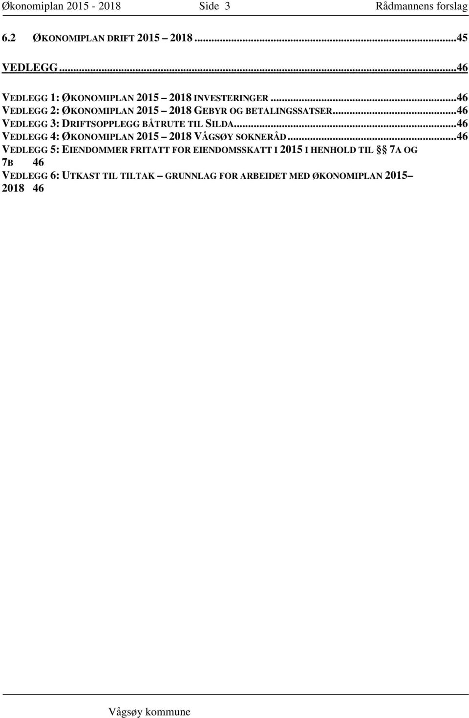.. 46 VEDLEGG 3: DRIFTSOPPLEGG BÅTRUTE TIL SILDA... 46 VEDLEGG 4: ØKONOMIPLAN 2015 2018 VÅGSØY SOKNERÅD.