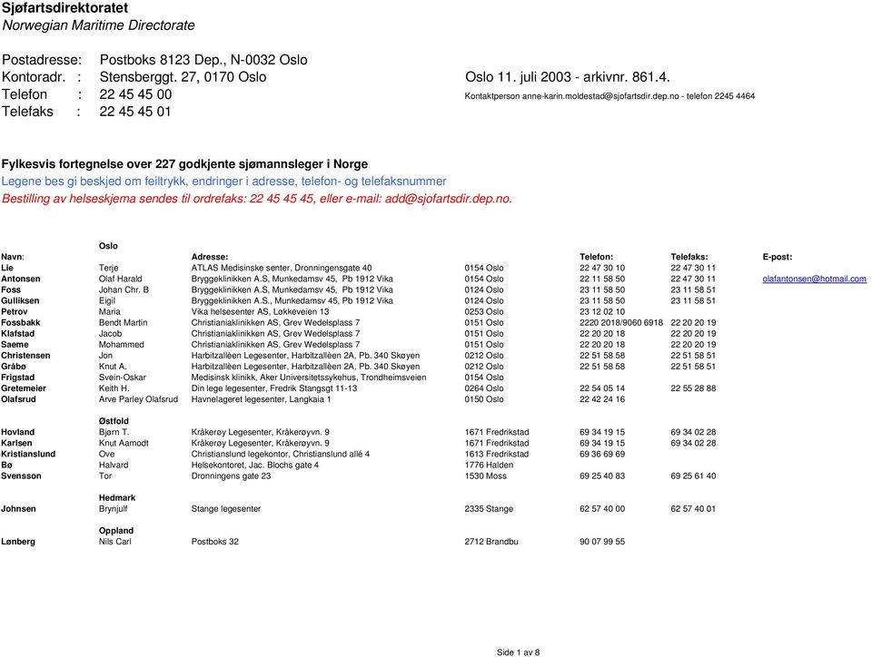 no - telefon 2245 4464 Telefaks : 22 45 45 01 Fylkesvis fortegnelse over 227 godkjente sjømannsleger i Norge Legene bes gi beskjed om feiltrykk, endringer i adresse, telefon- og telefaksnummer