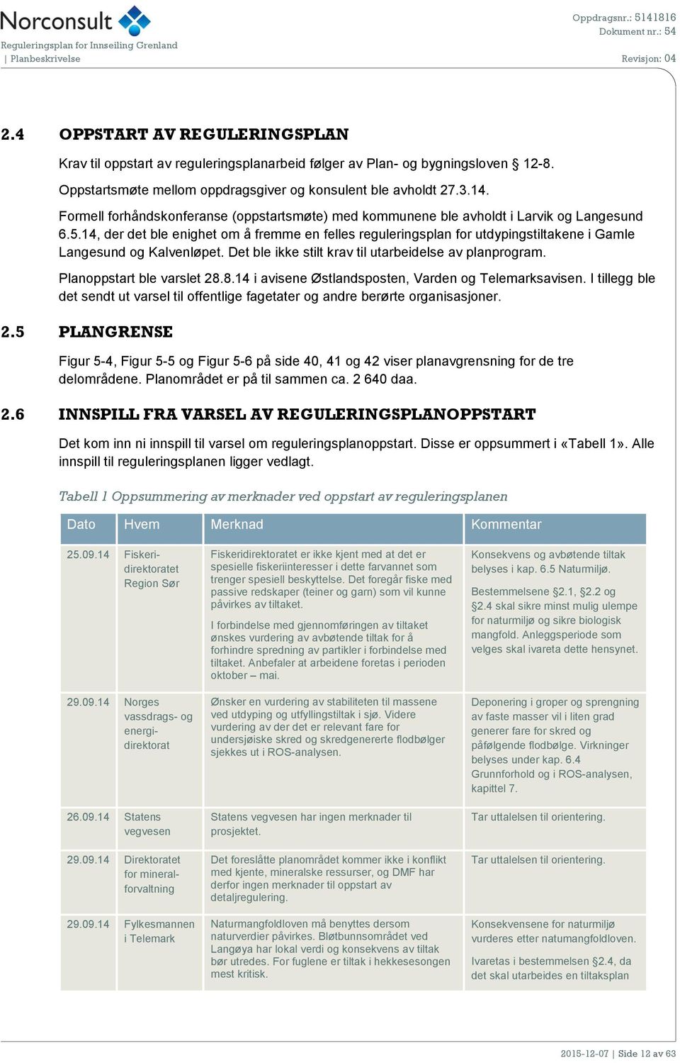 14, der det ble enighet om å fremme en felles reguleringsplan for utdypingstiltakene i Gamle Langesund og Kalvenløpet. Det ble ikke stilt krav til utarbeidelse av planprogram.