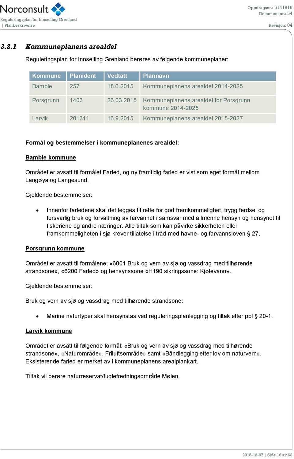 2015 Kommuneplanens arealdel 2015-2027 Formål og bestemmelser i kommuneplanenes arealdel: Bamble kommune Området er avsatt til formålet Farled, og ny framtidig farled er vist som eget formål mellom