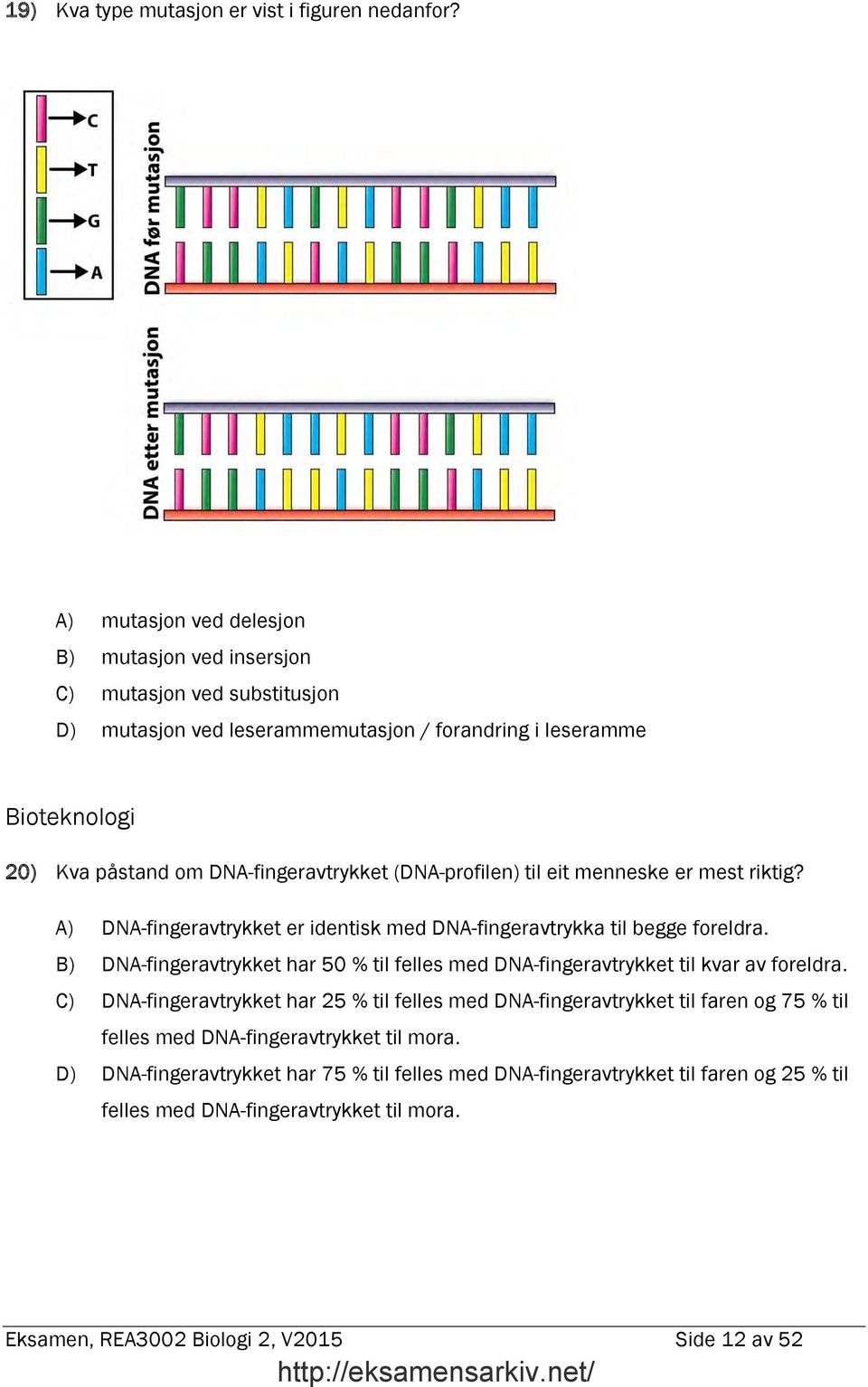 (DNA-profilen) til eit menneske er mest riktig? A) DNA-fingeravtrykket er identisk med DNA-fingeravtrykka til begge foreldra.