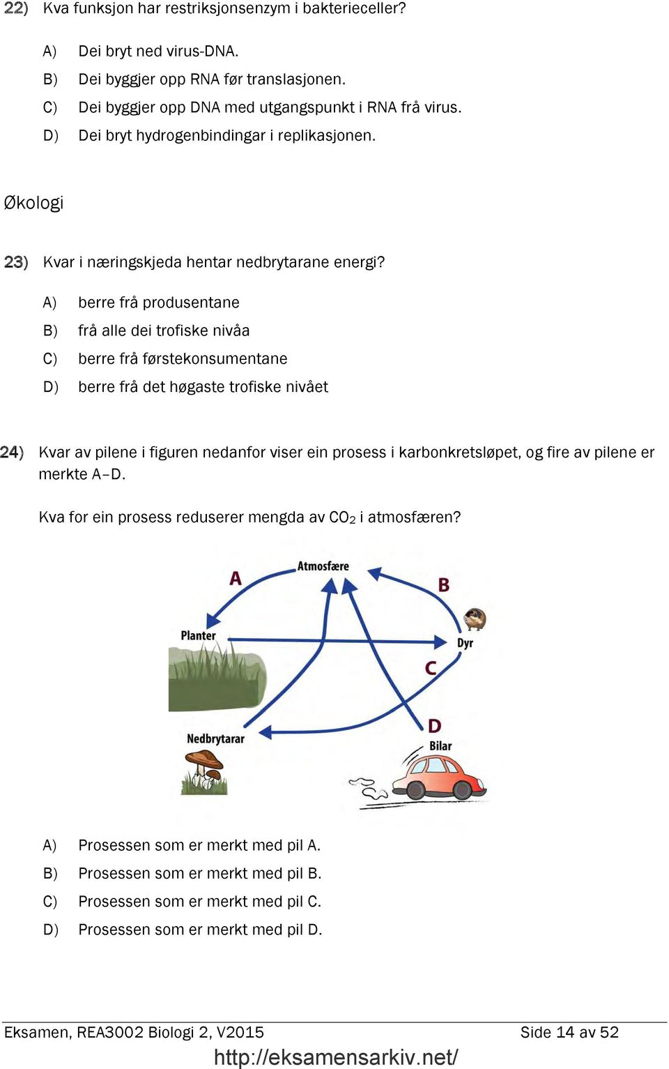 A) berre frå produsentane B) frå alle dei trofiske nivåa C) berre frå førstekonsumentane D) berre frå det høgaste trofiske nivået 24) Kvar av pilene i figuren nedanfor viser ein prosess i