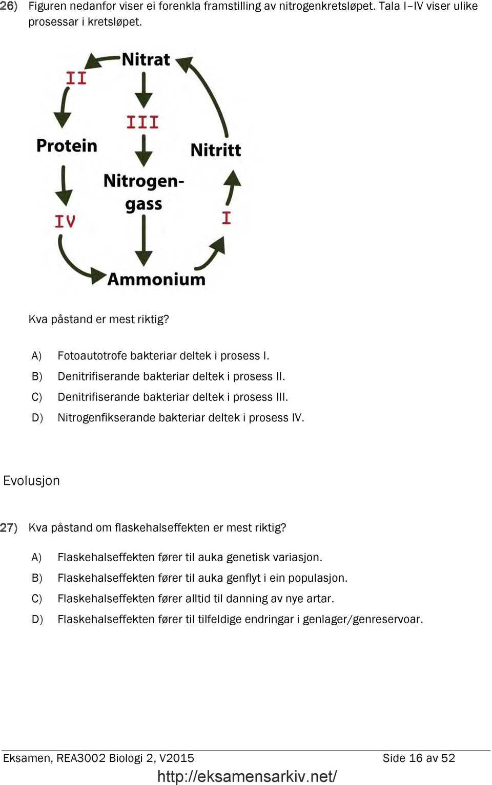 D) Nitrogenfikserande bakteriar deltek i prosess IV. Evolusjon 27) Kva påstand om flaskehalseffekten er mest riktig? A) Flaskehalseffekten fører til auka genetisk variasjon.