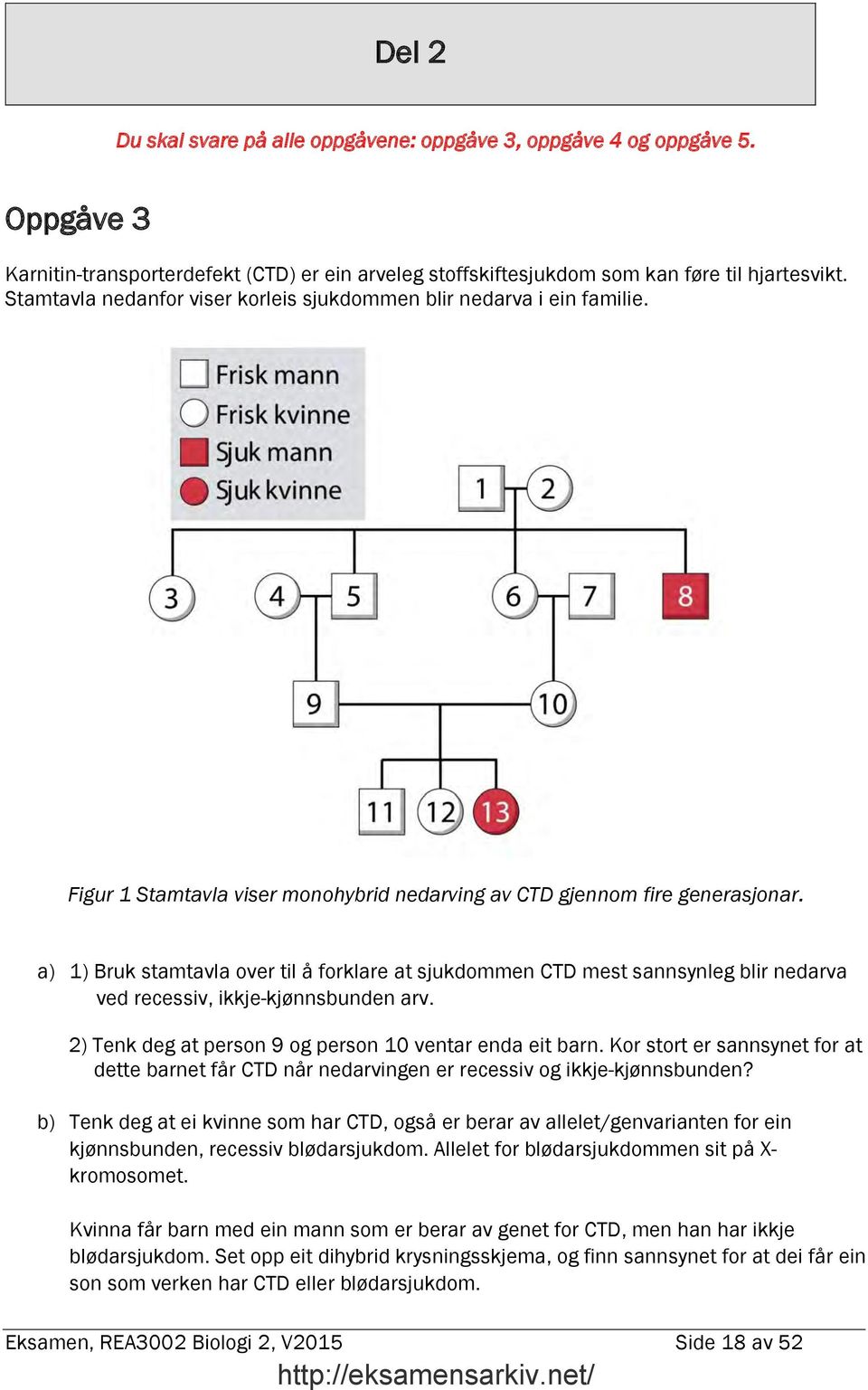 a) 1) Bruk stamtavla over til å forklare at sjukdommen CTD mest sannsynleg blir nedarva ved recessiv, ikkje-kjønnsbunden arv. 2) Tenk deg at person 9 og person 10 ventar enda eit barn.