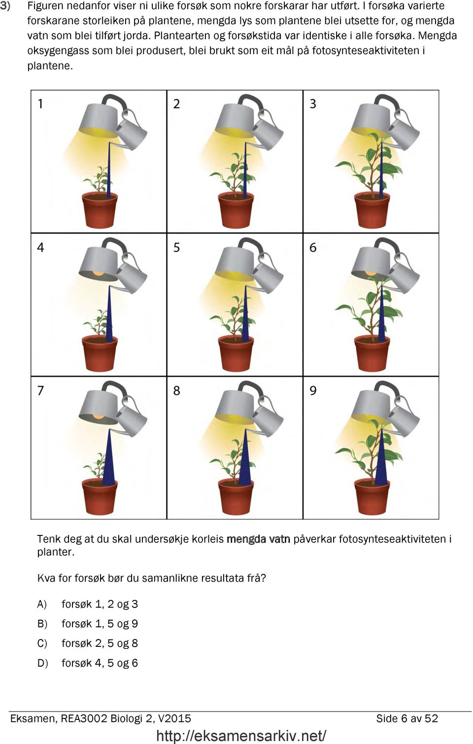 Plantearten og forsøkstida var identiske i alle forsøka. Mengda oksygengass som blei produsert, blei brukt som eit mål på fotosynteseaktiviteten i plantene.
