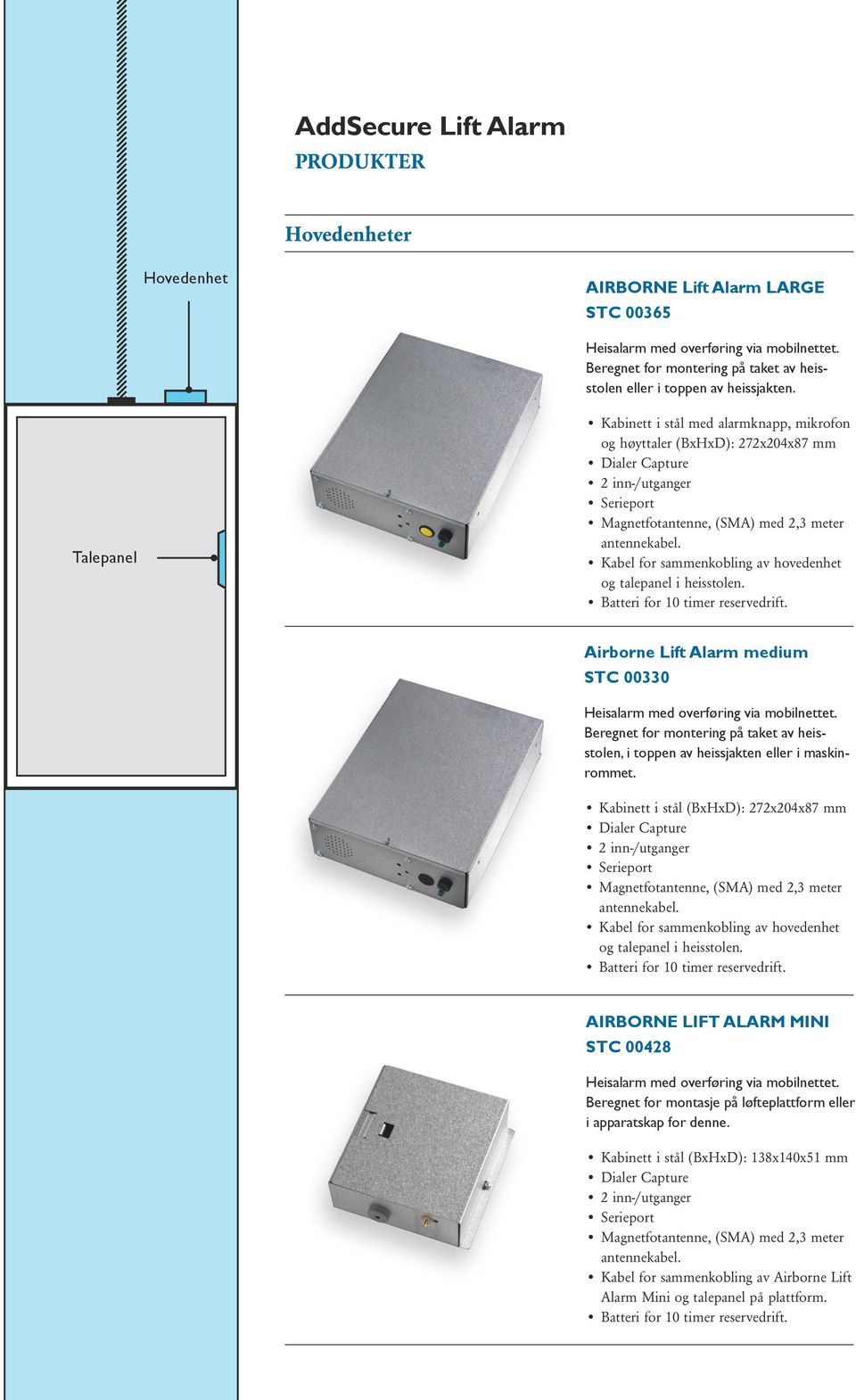 Talepanel Kabinett i stål med alarmknapp, mikrofon og høyttaler (BxHxD): 272x204x87 mm Dialer Capture 2 inn-/utganger Serieport Magnetfotantenne, (SMA) med 2,3 meter antennekabel.