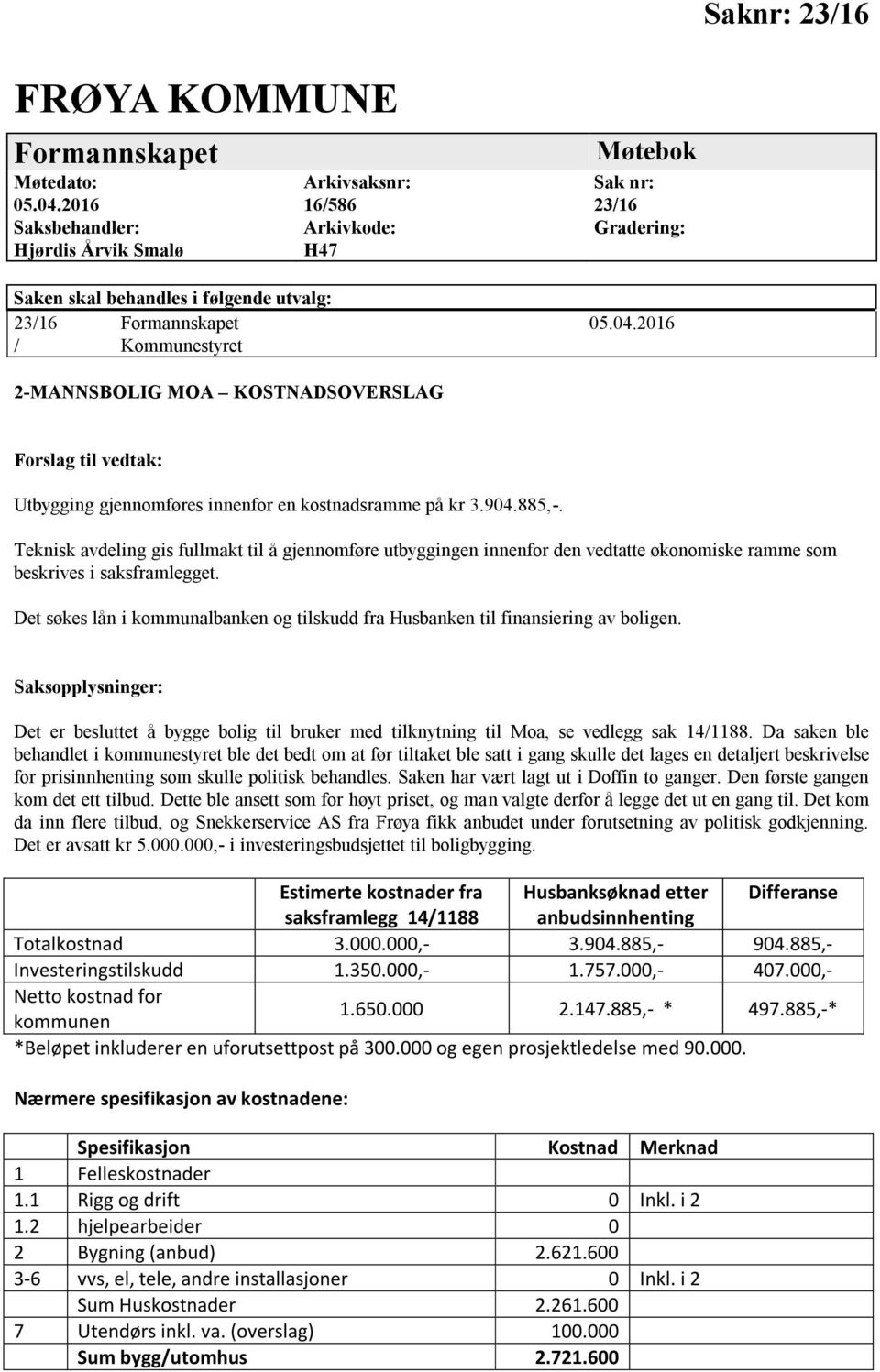 2016 / Kommunestyret 2-MANNSBOLIG MOA KOSTNADSOVERSLAG Forslag til vedtak: Utbygging gjennomføres innenfor en kostnadsramme på kr 3.904.885,-.