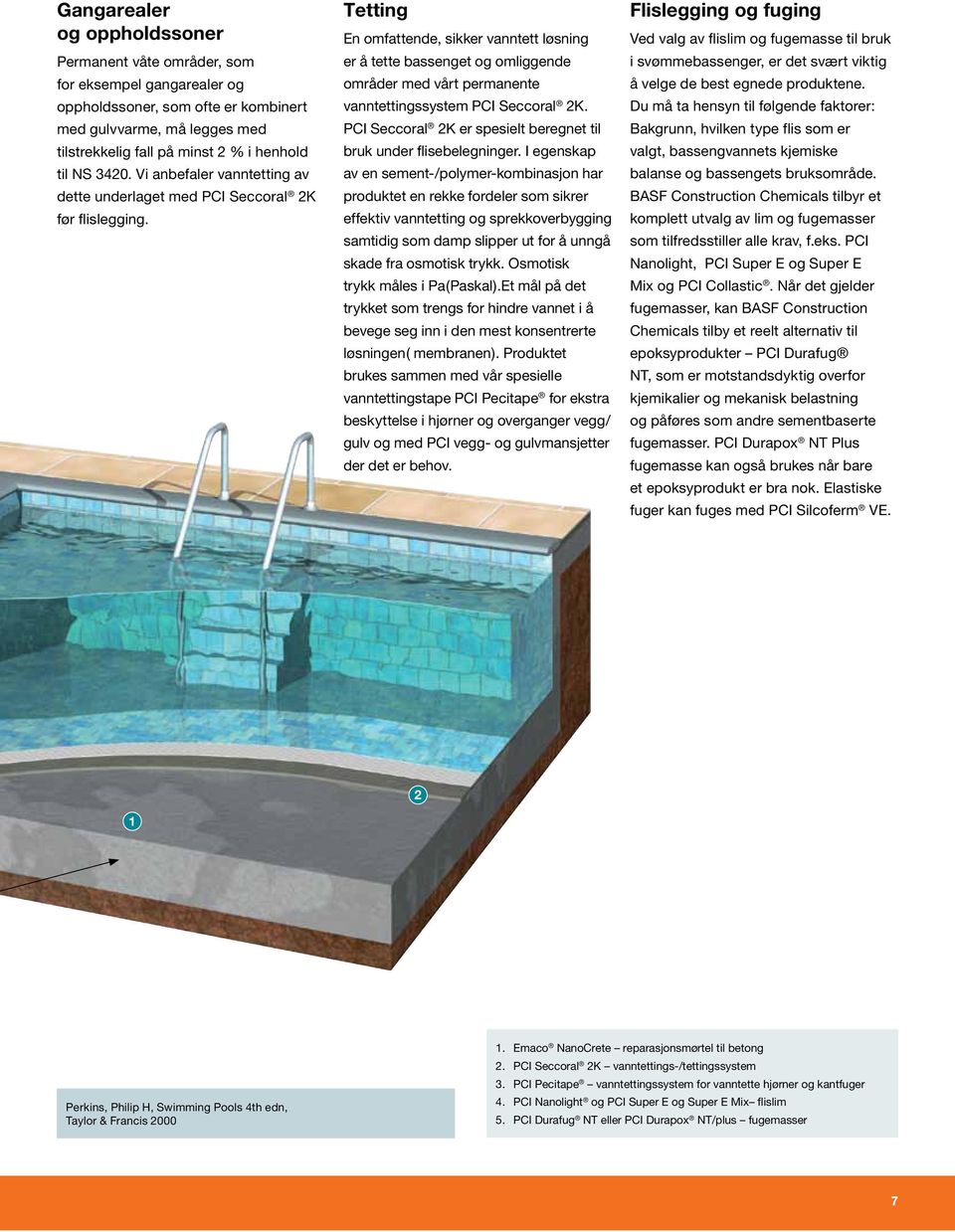 Tetting En omfattende, sikker vanntett løsning er å tette bassenget og omliggende områder med vårt permanente vanntettingssystem PCI Seccoral 2K.